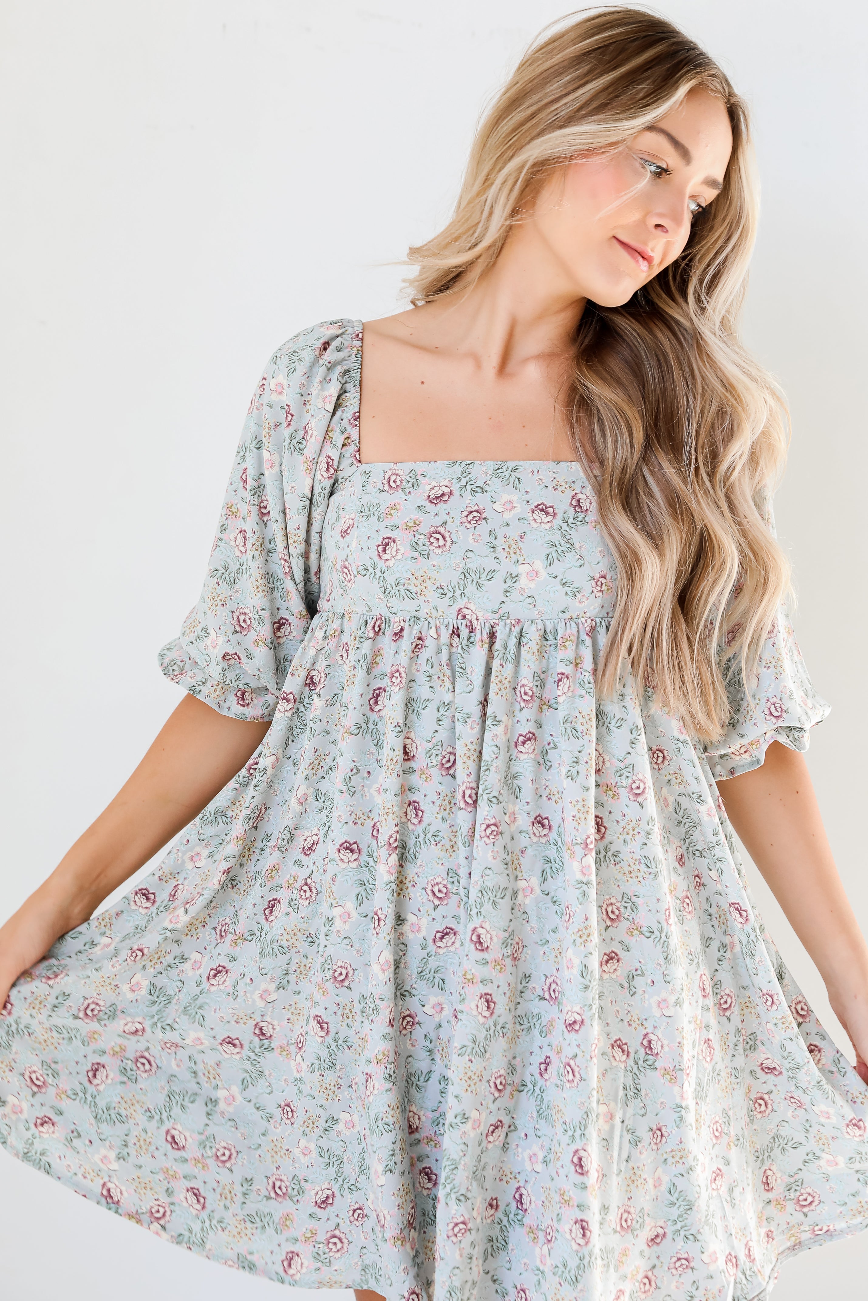 Floral Babydoll Mini Dress on dress up model