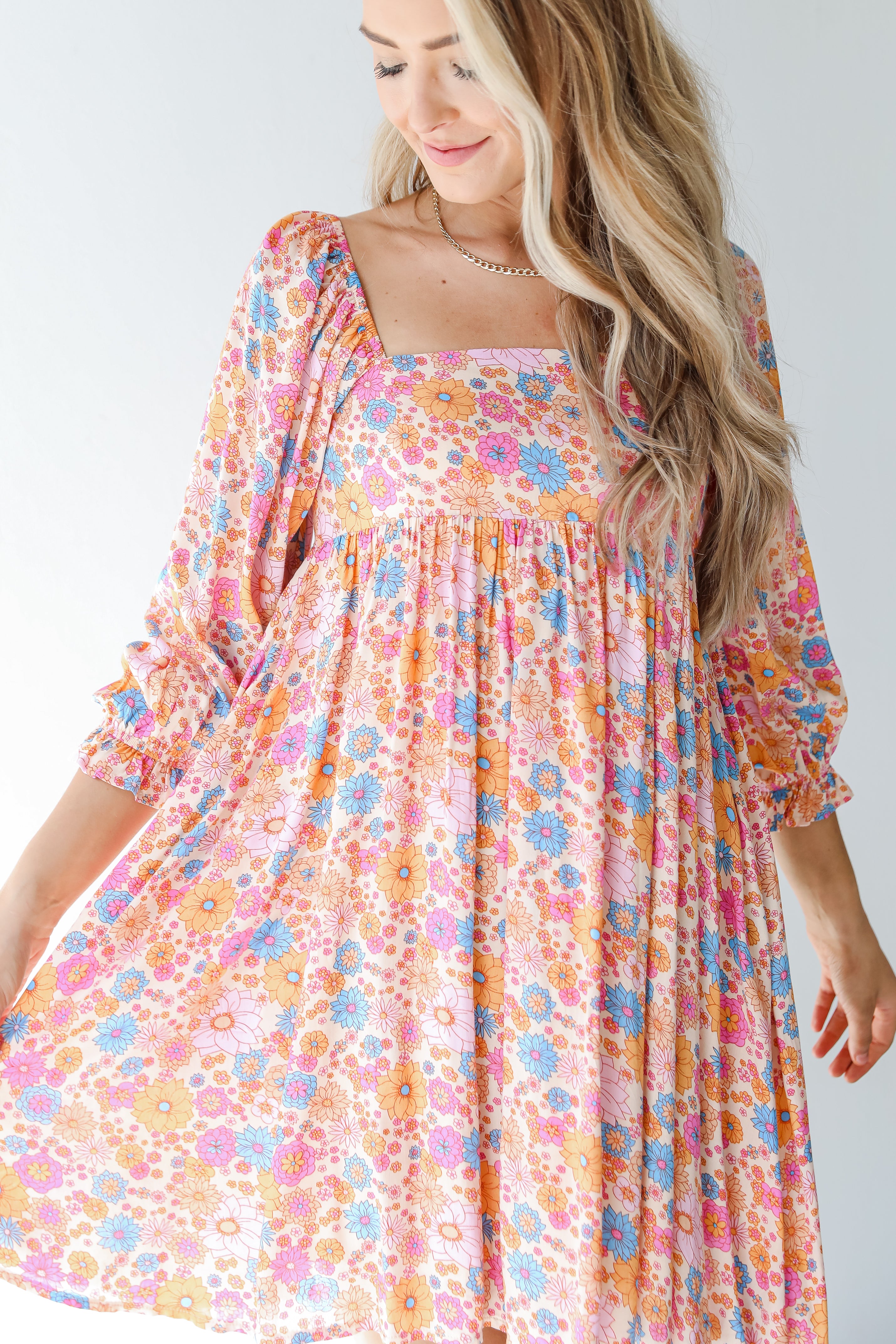 pink floral mini dress close up