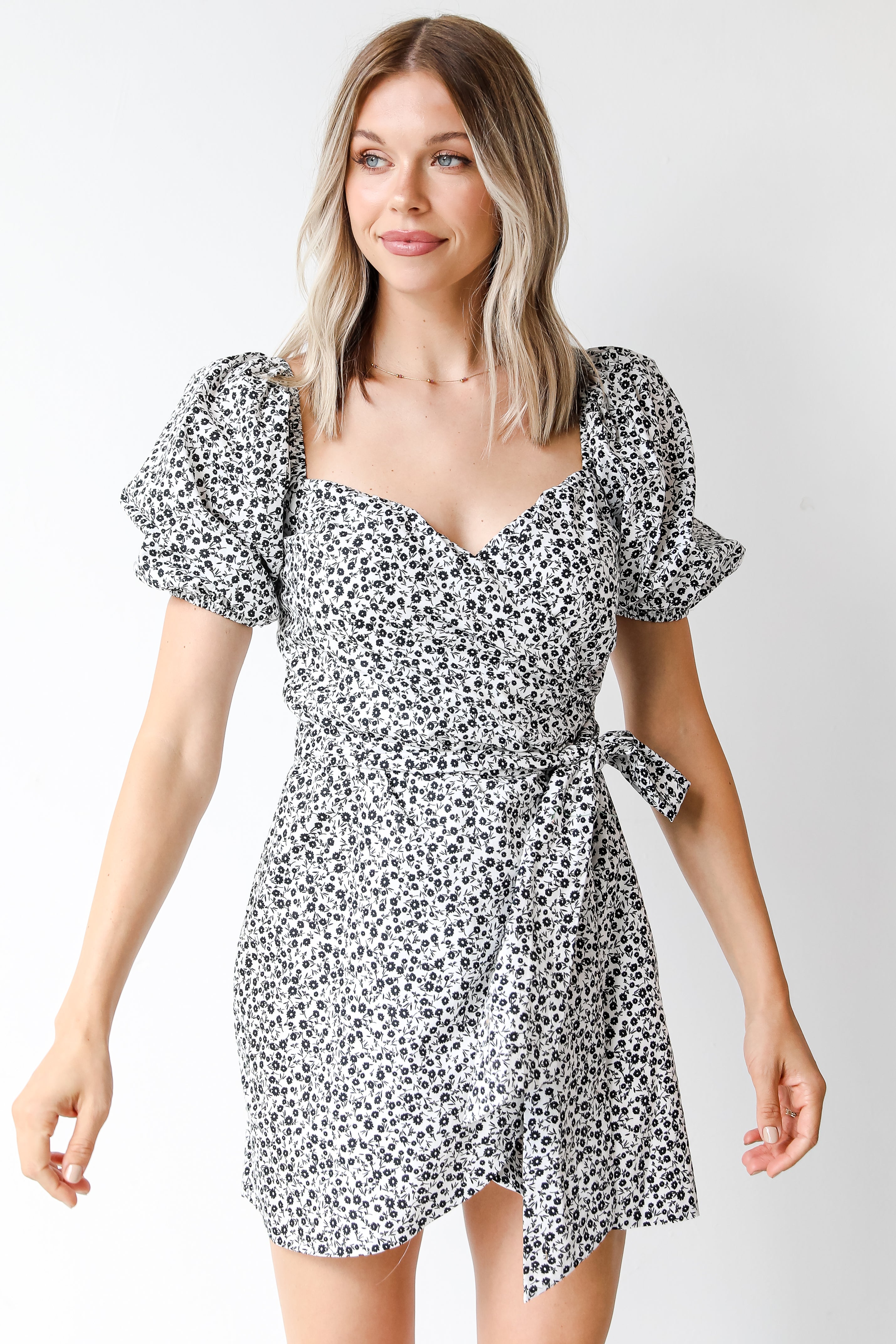 black floral wrap dress
