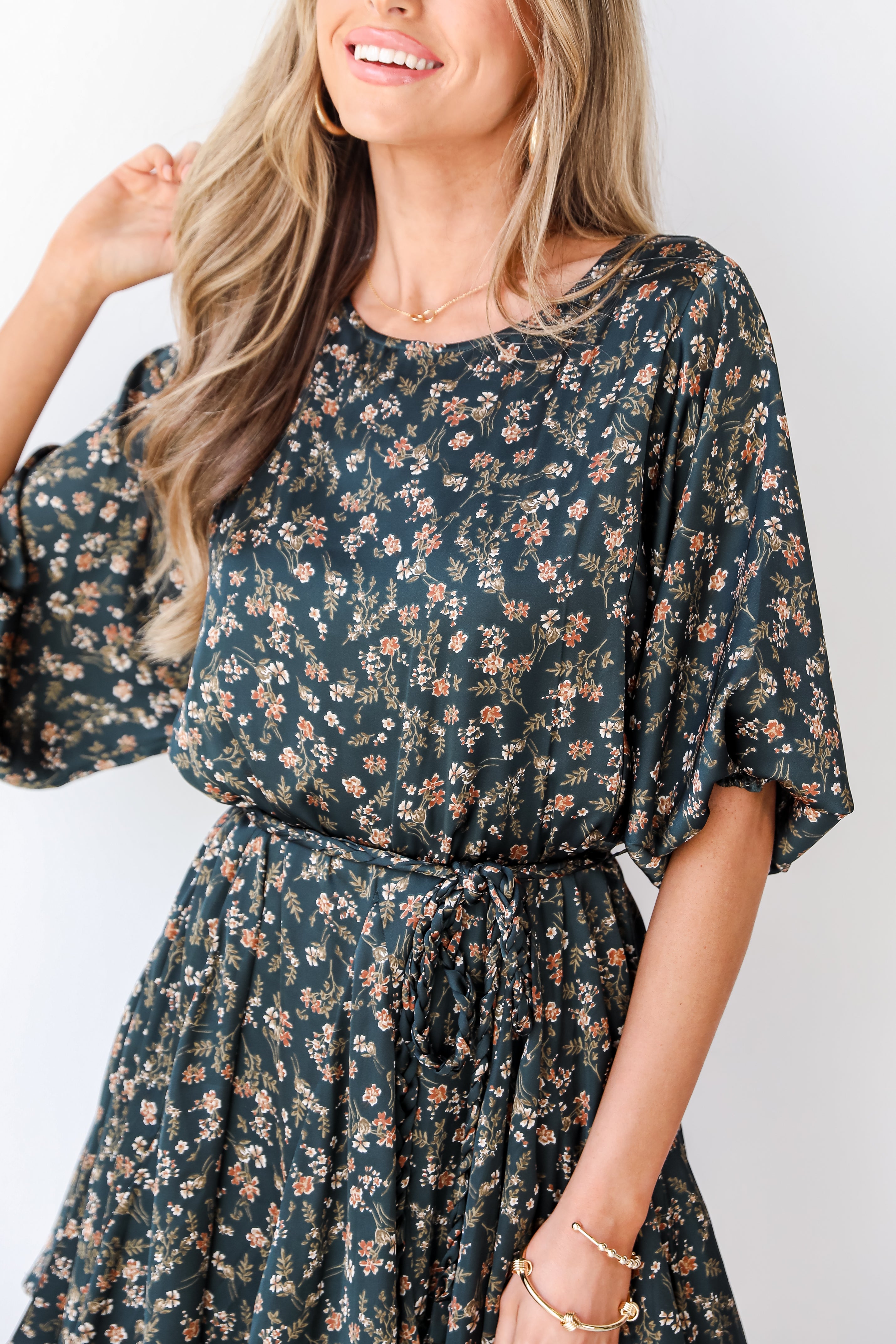 green Floral Mini Dress close up