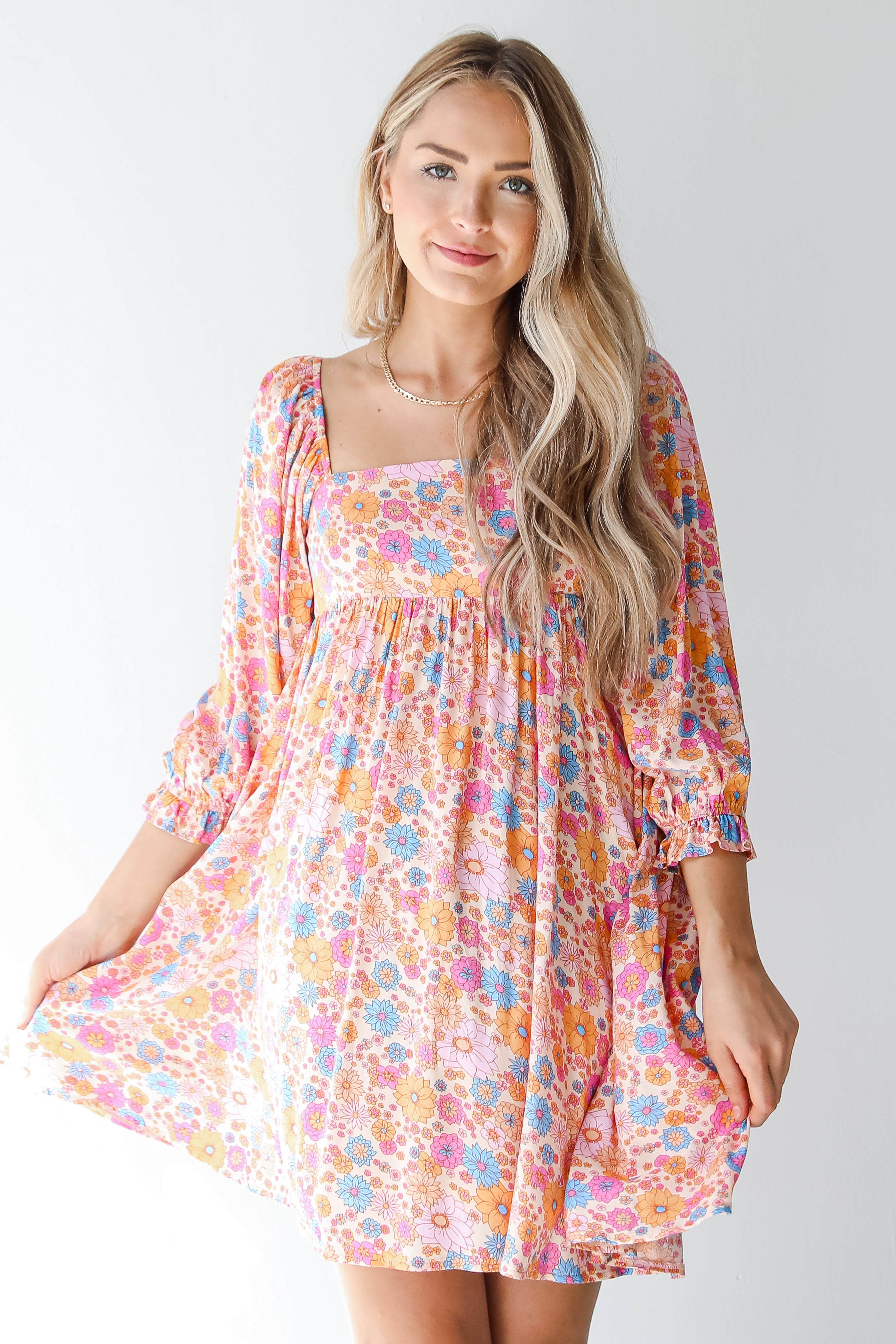 pink floral mini dress front view