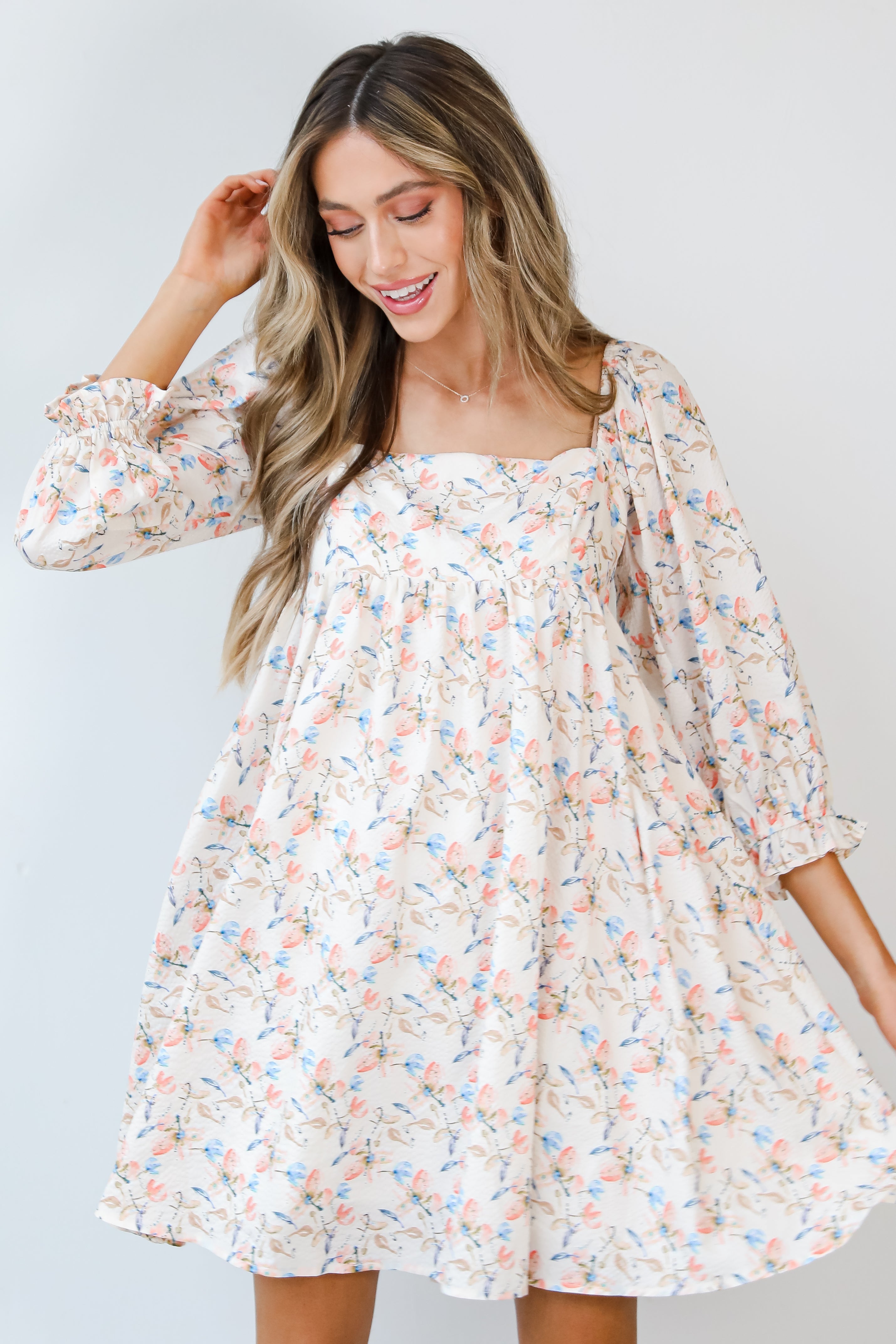 Floral Babydoll Mini Dress on model