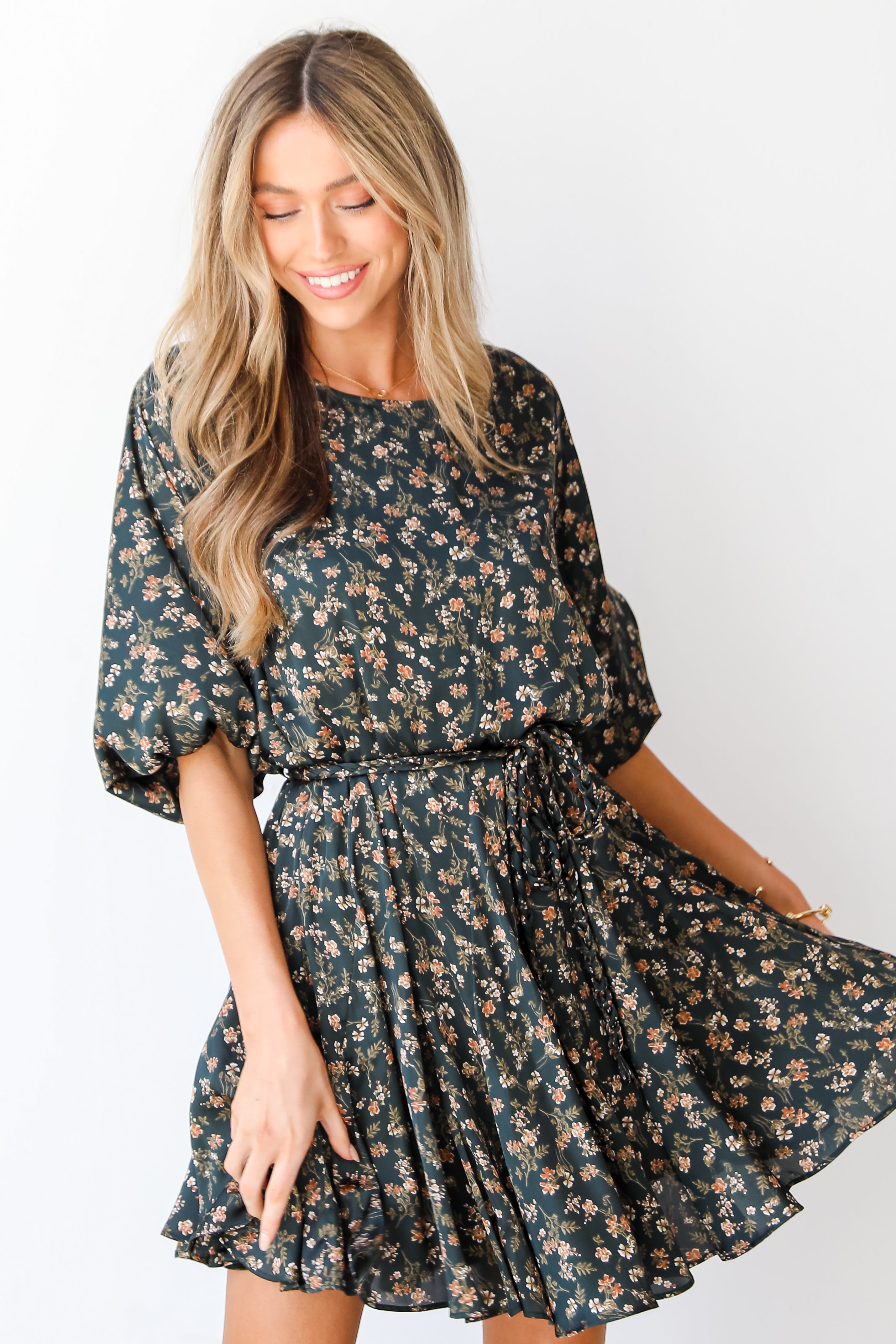 green Floral Mini Dress front view