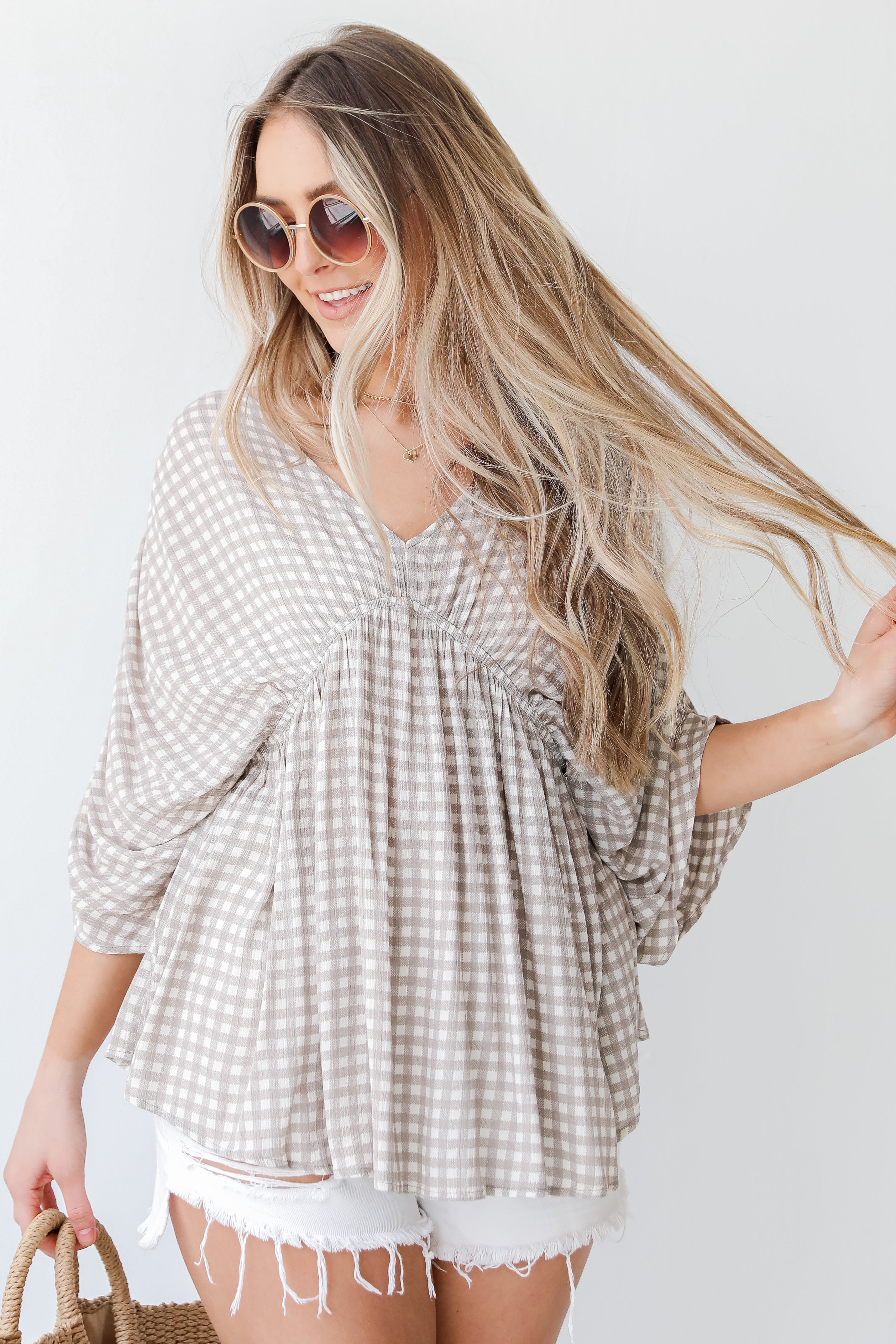 Gingham Blouse in grey on model