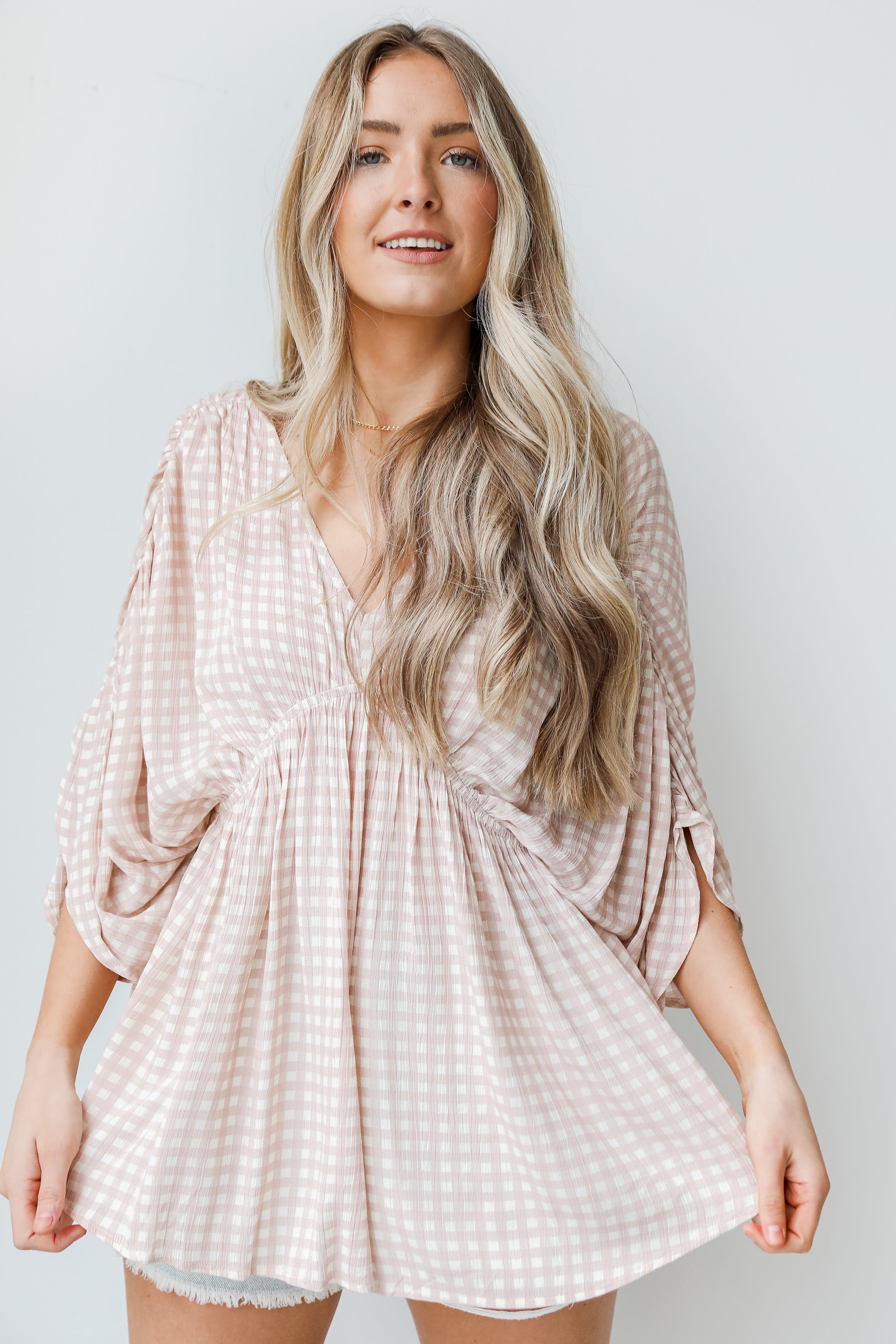 Gingham Blouse in blush on model