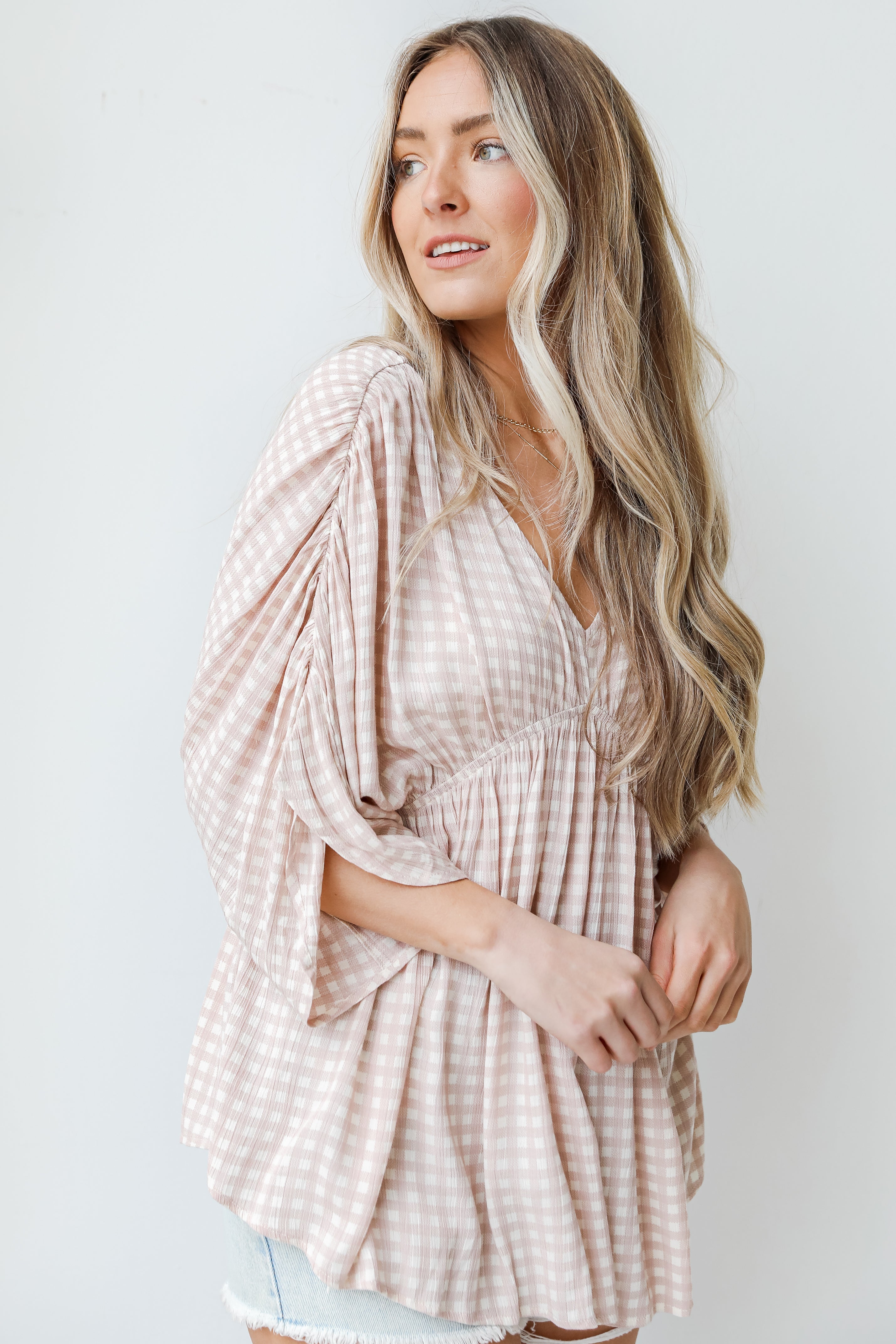Gingham Blouse in blush side view