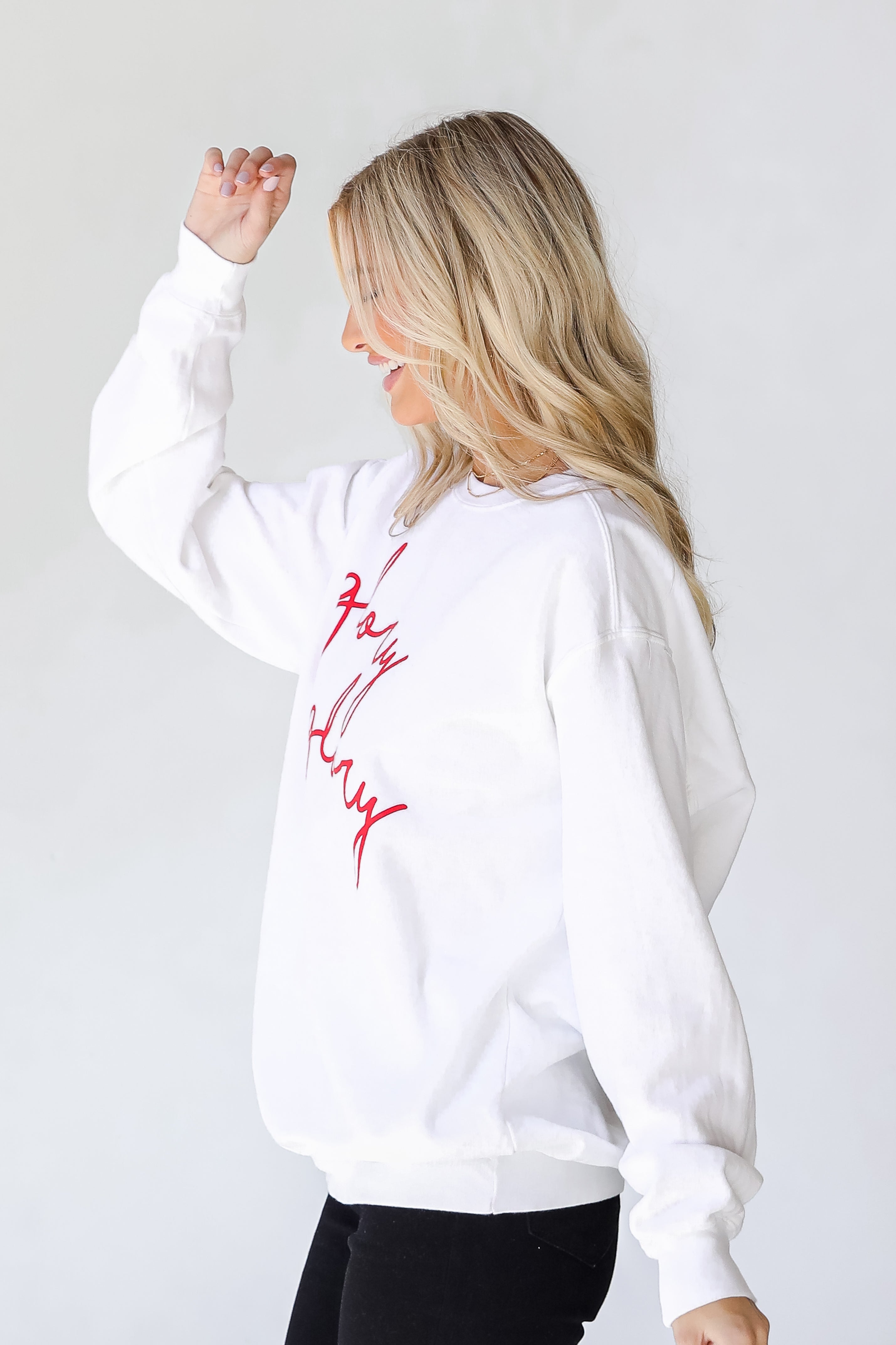 White Glory Glory Script Pullover side view