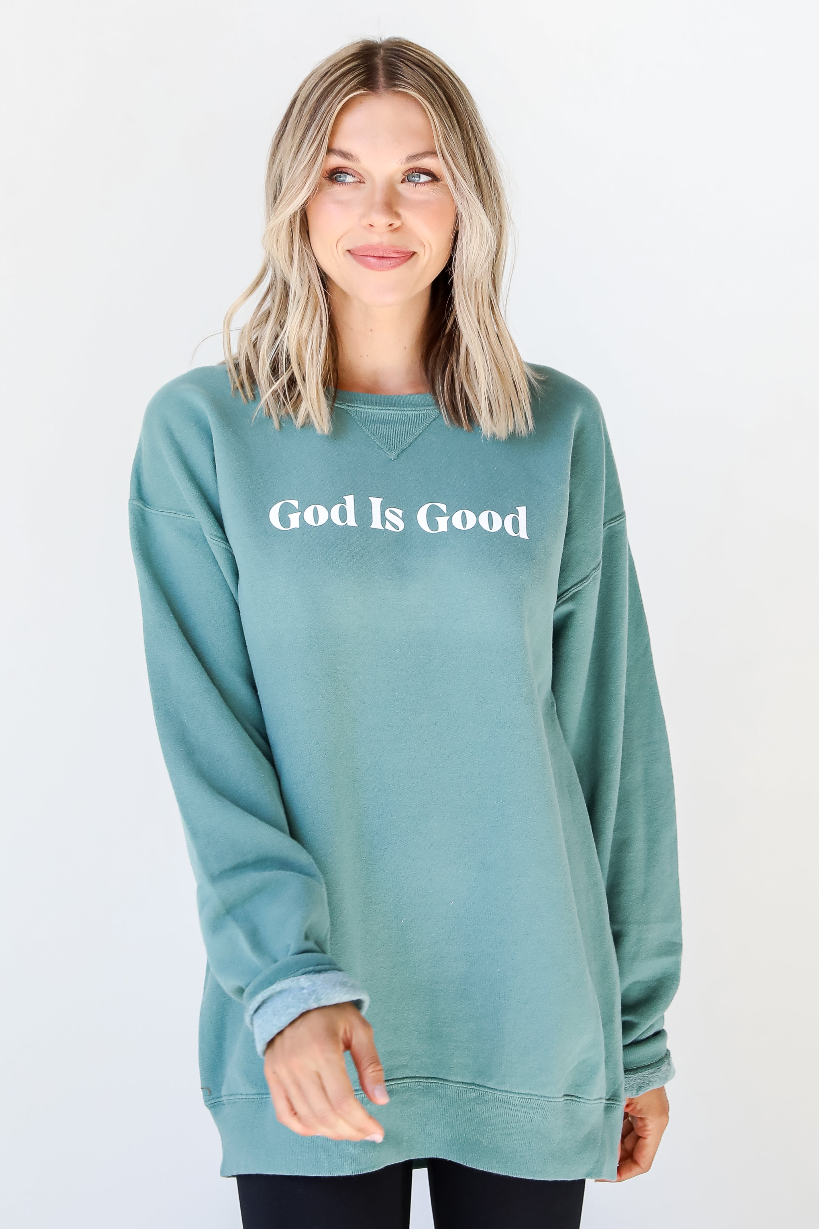 Seafoam God Is Good Pullover on model