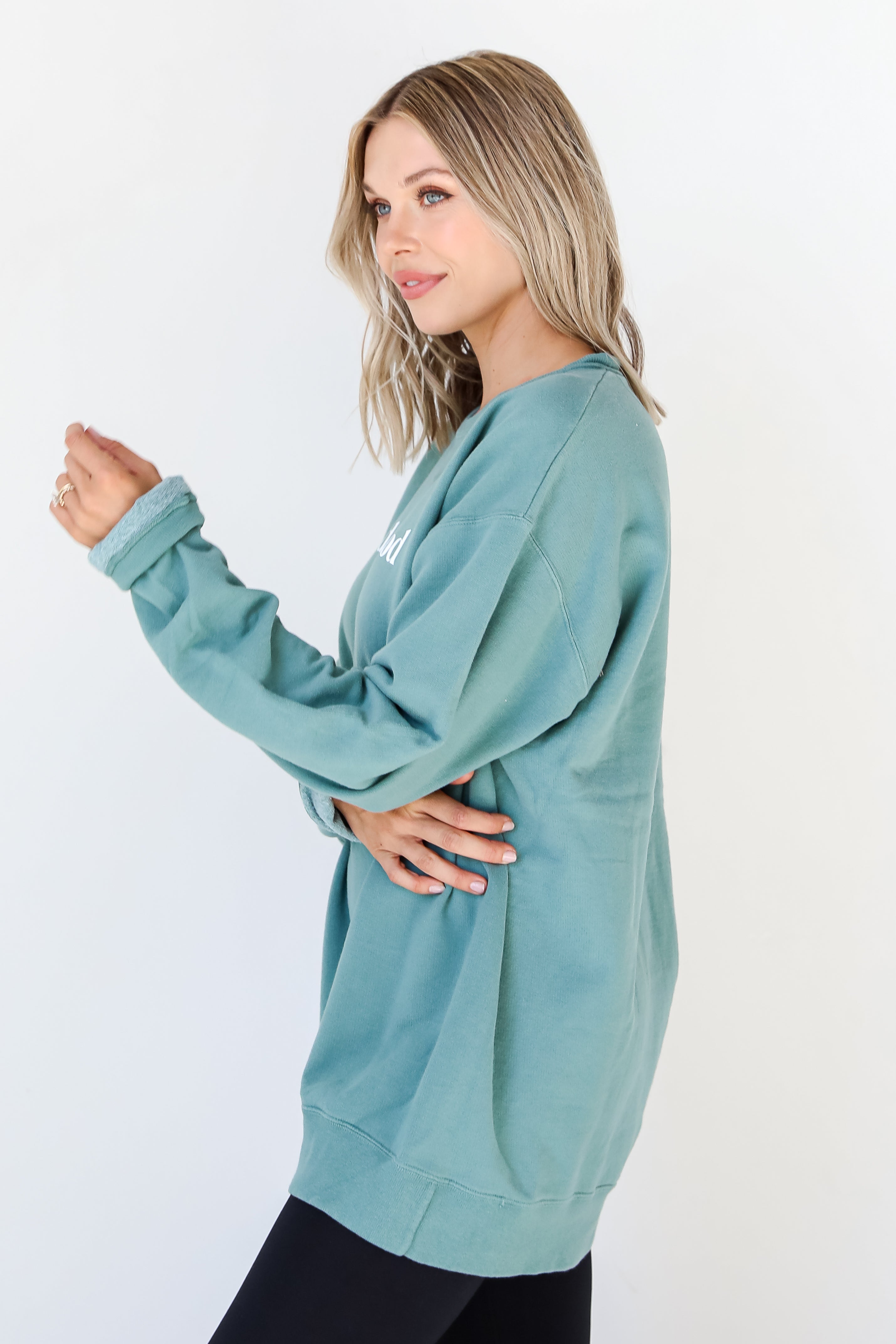 Seafoam God Is Good Pullover side view