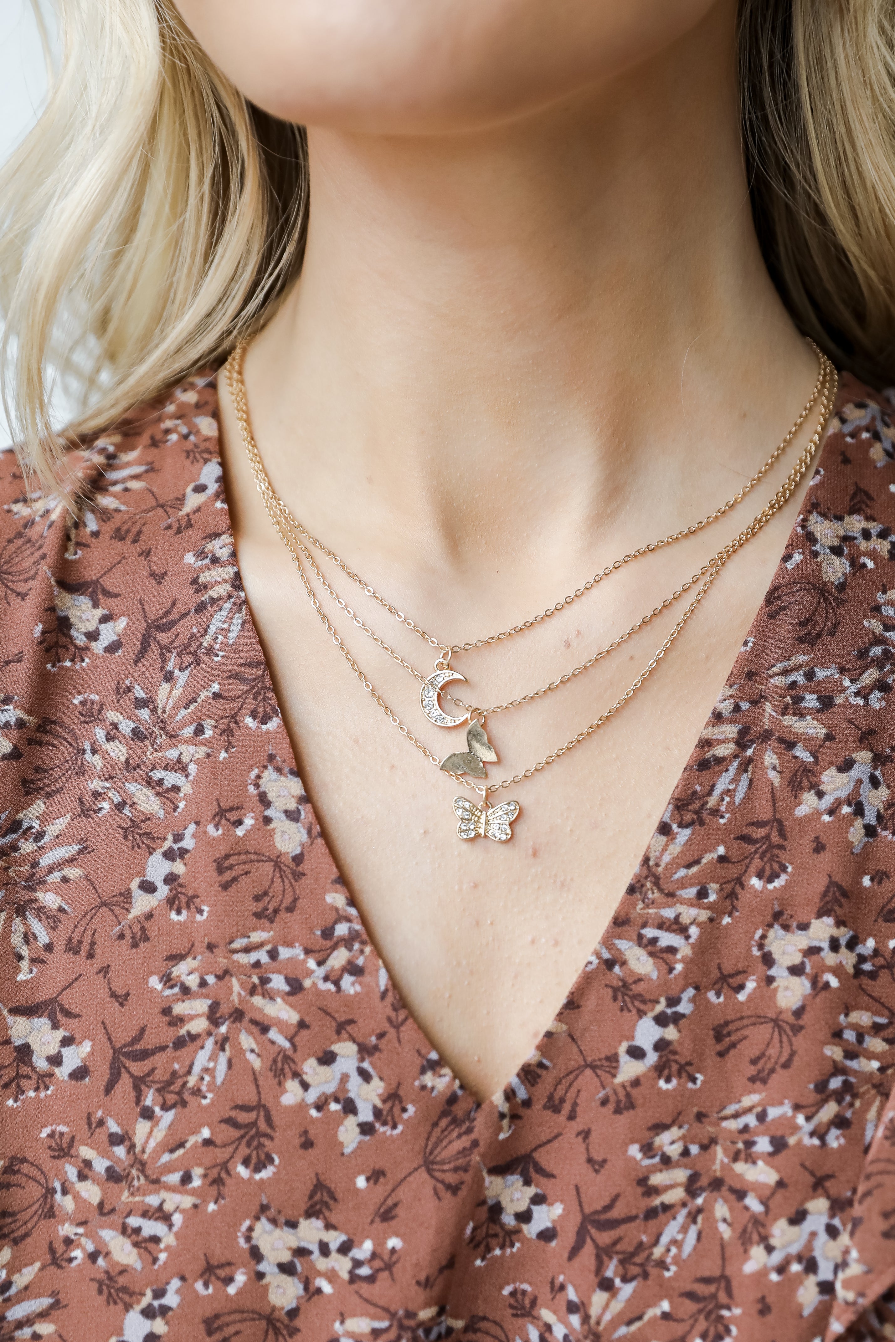 Gold Butterfly + Moon Layered Necklace