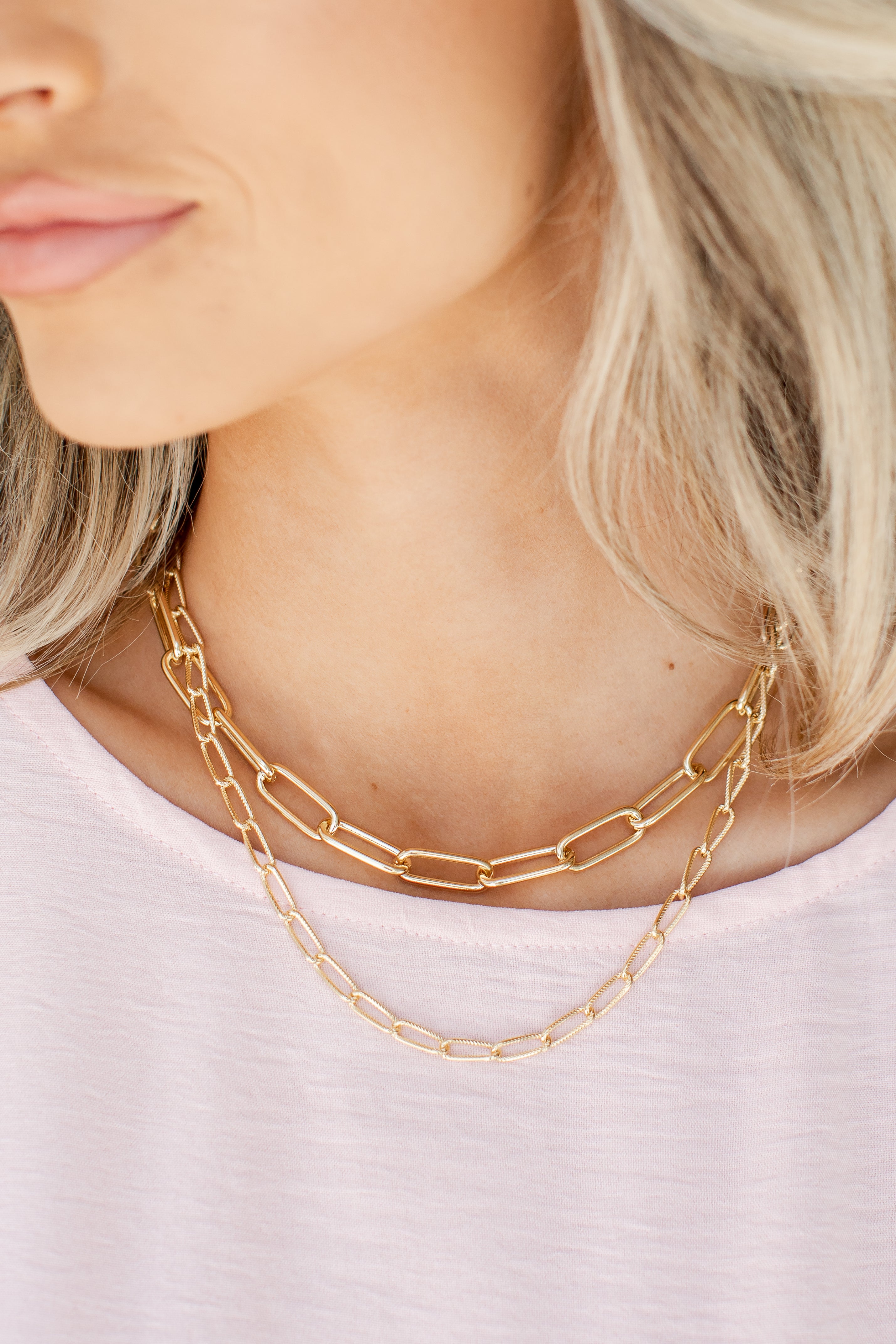 Gold Layered Chain Necklace on model