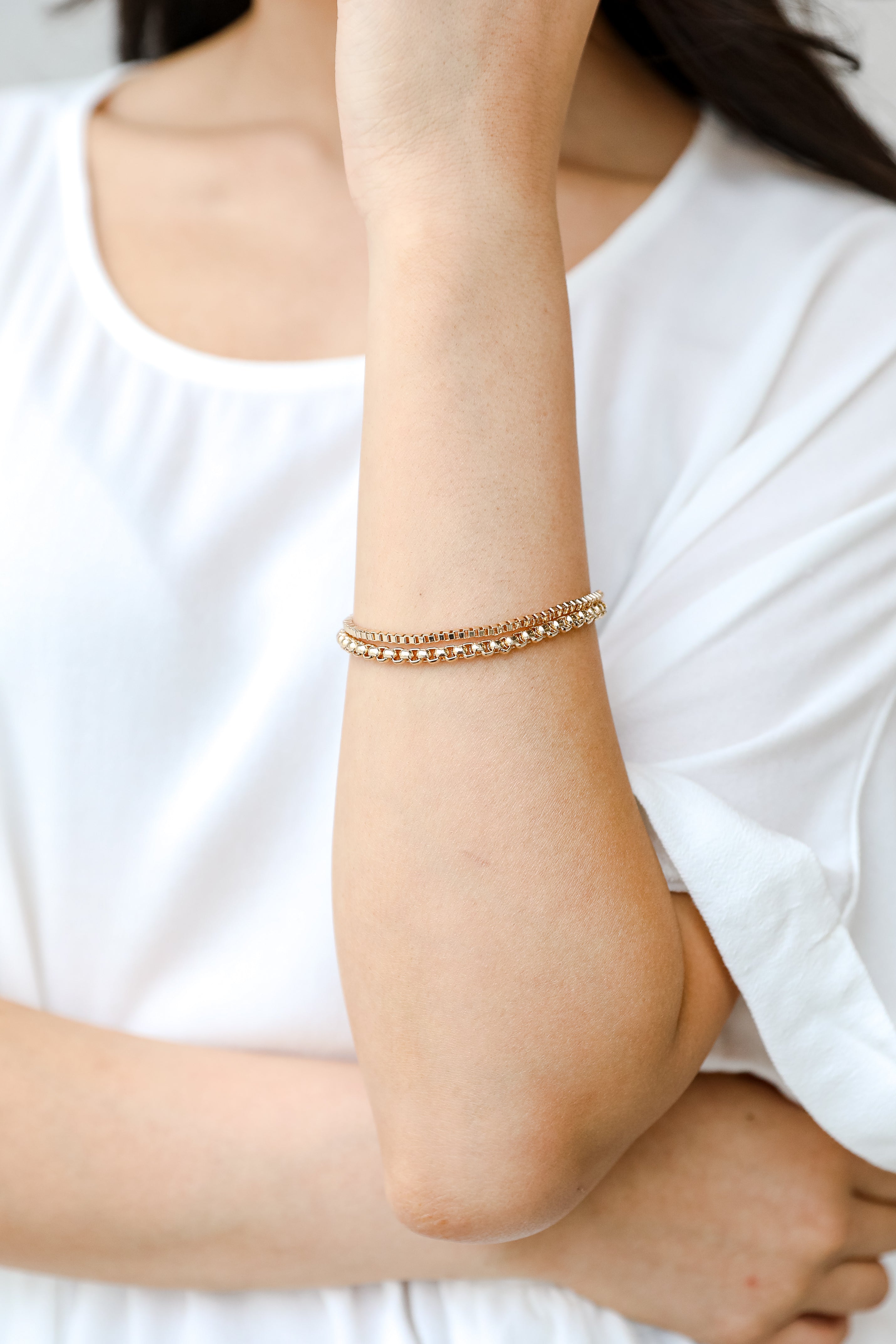 Gold Layered Chain Bracelet on model