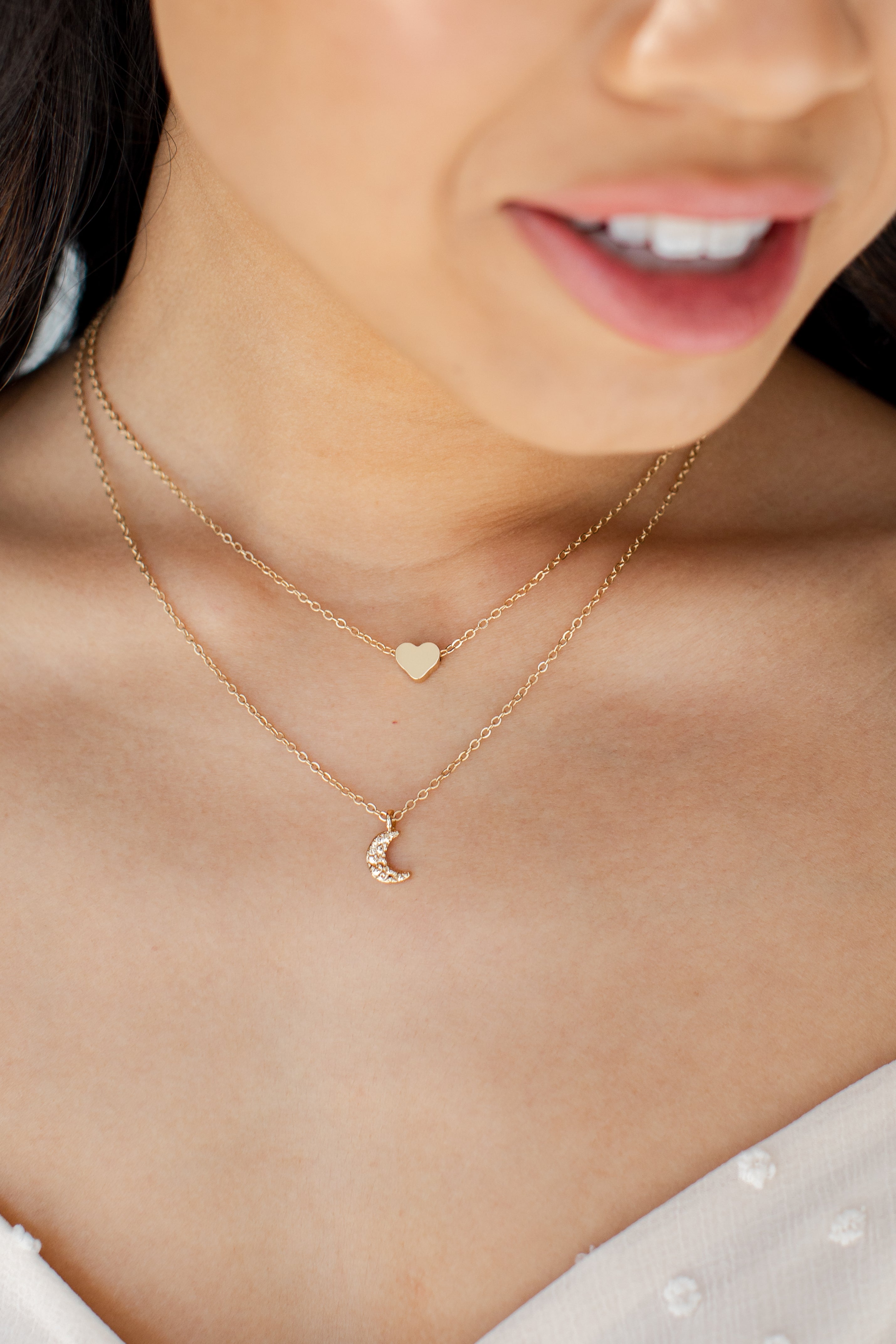 Gold Heart + Moon Layered Necklace on model