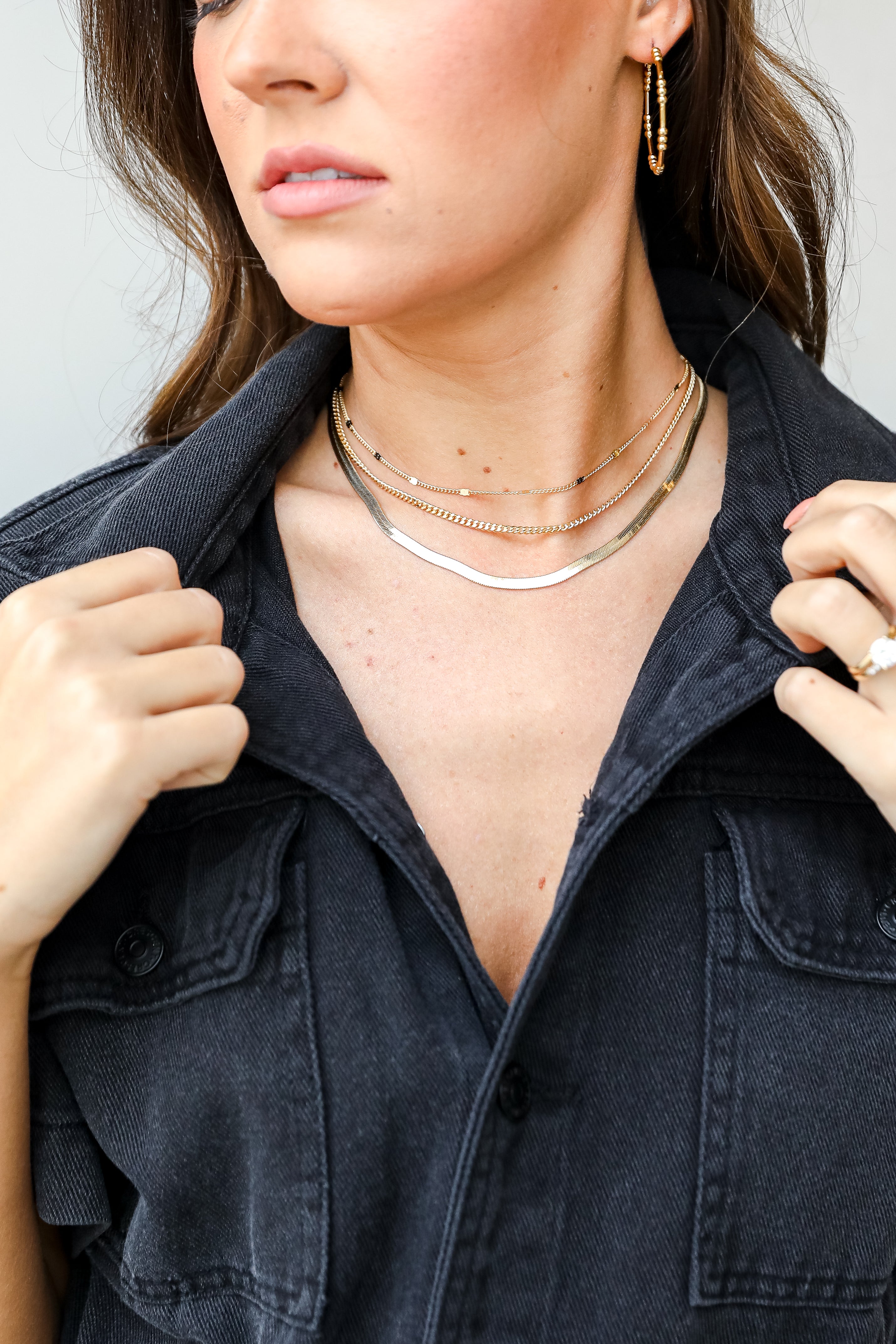 Gold Layered Chain Necklace on model