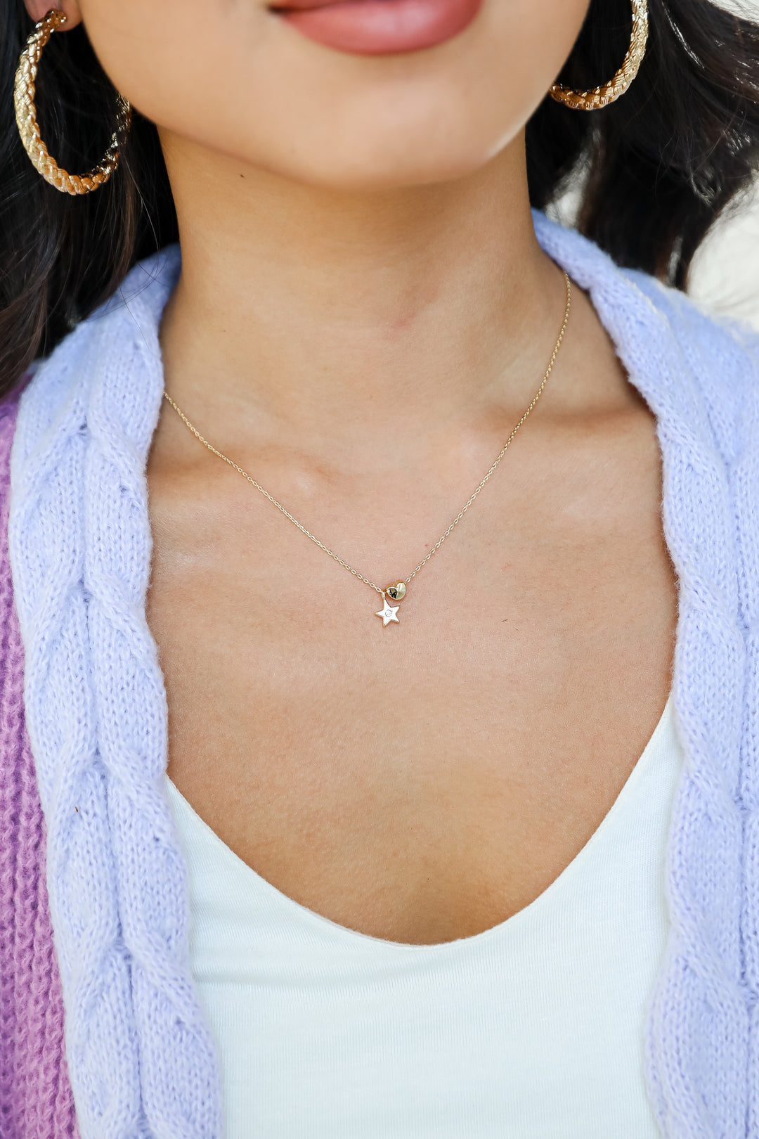 Gold Star + Heart Charm Necklace on model