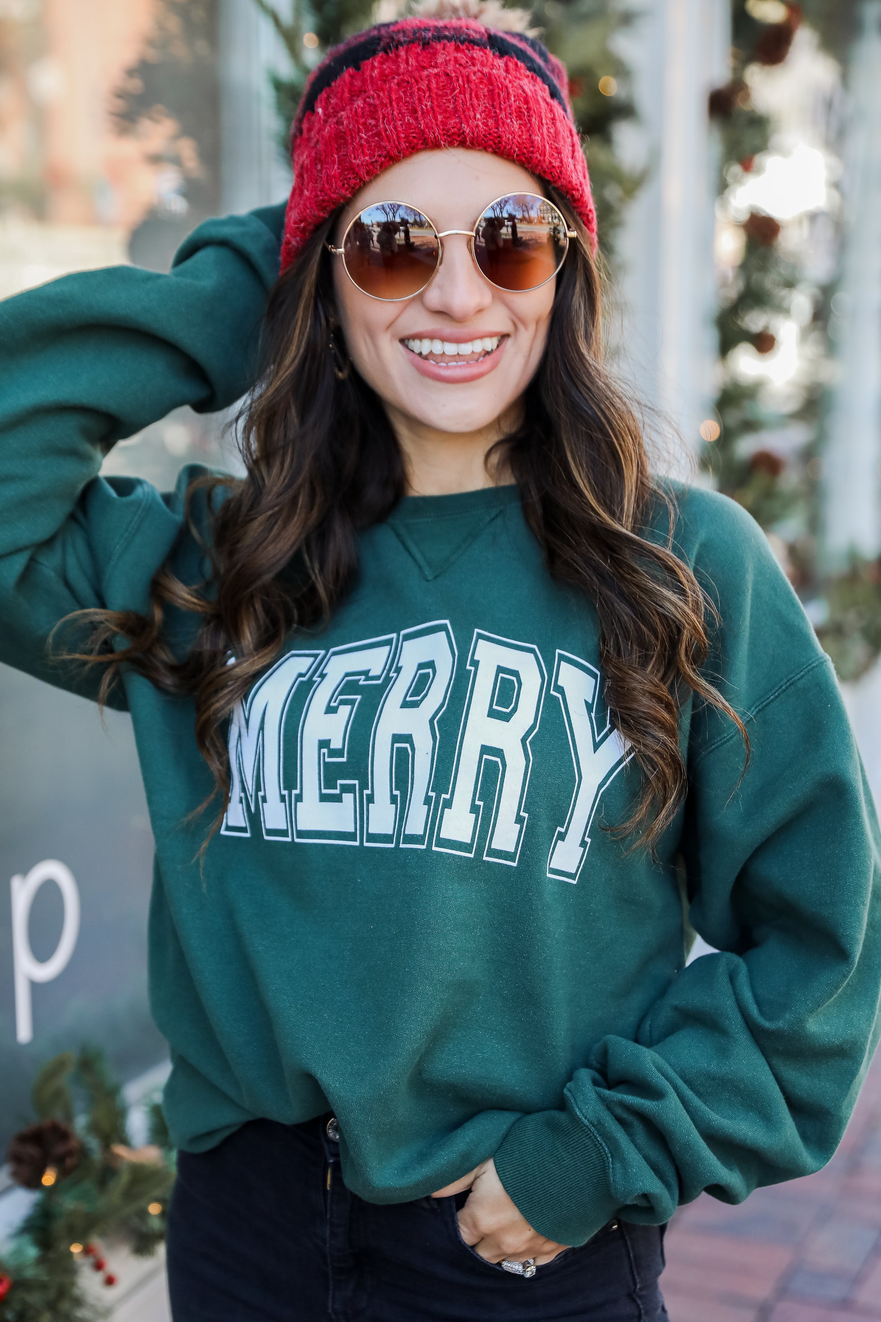 Hunter Green Merry Pullover on model