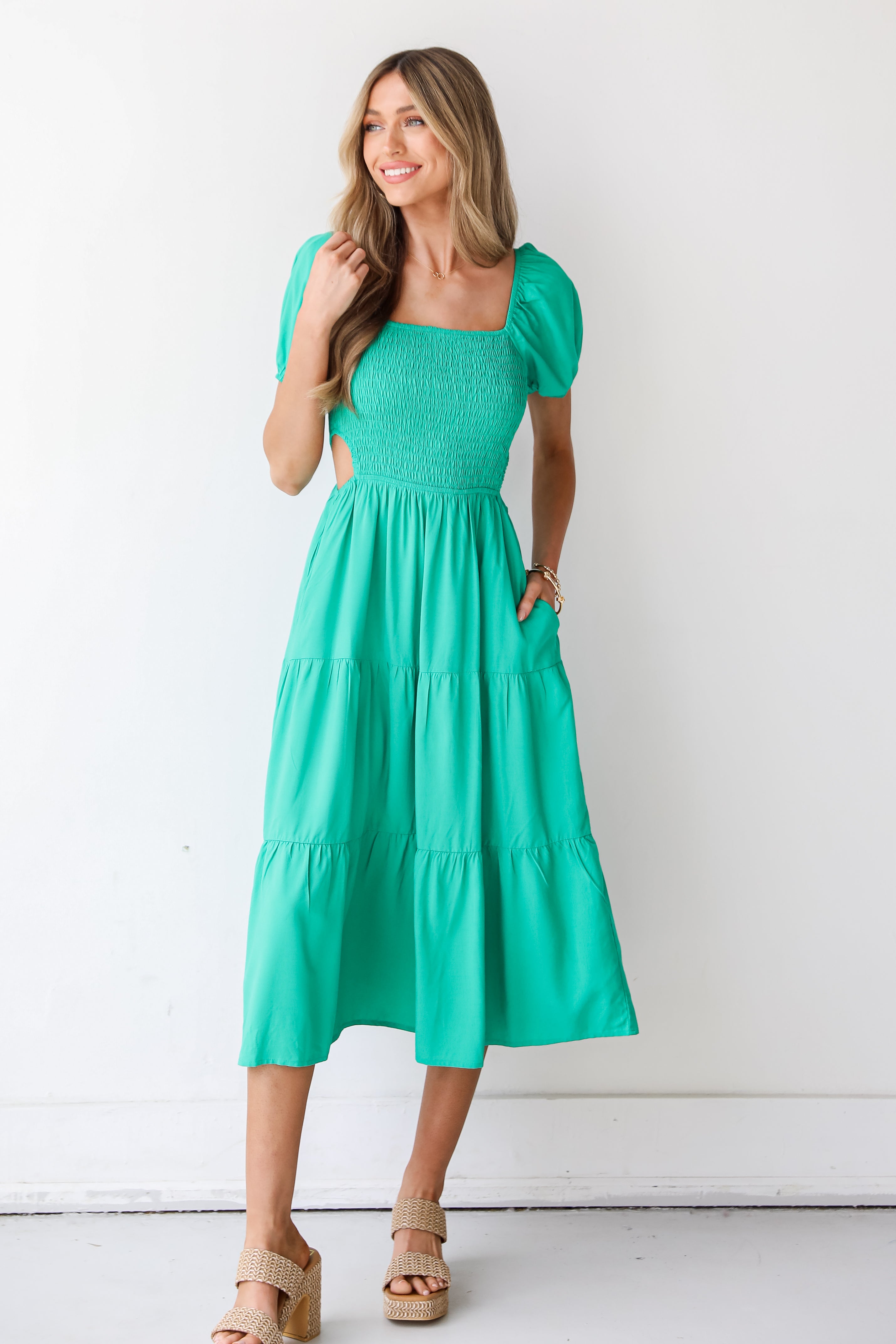kelly green Smocked Cutout Midi Dress front view