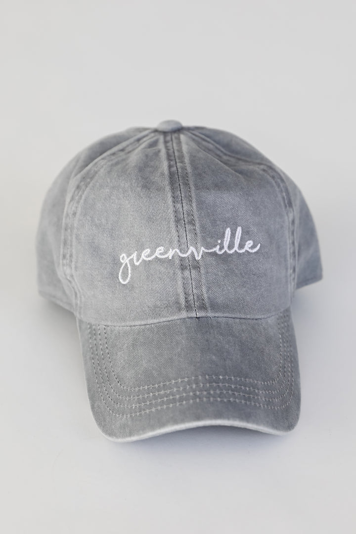 Greenville Script Embroidered Hat in grey flat lay