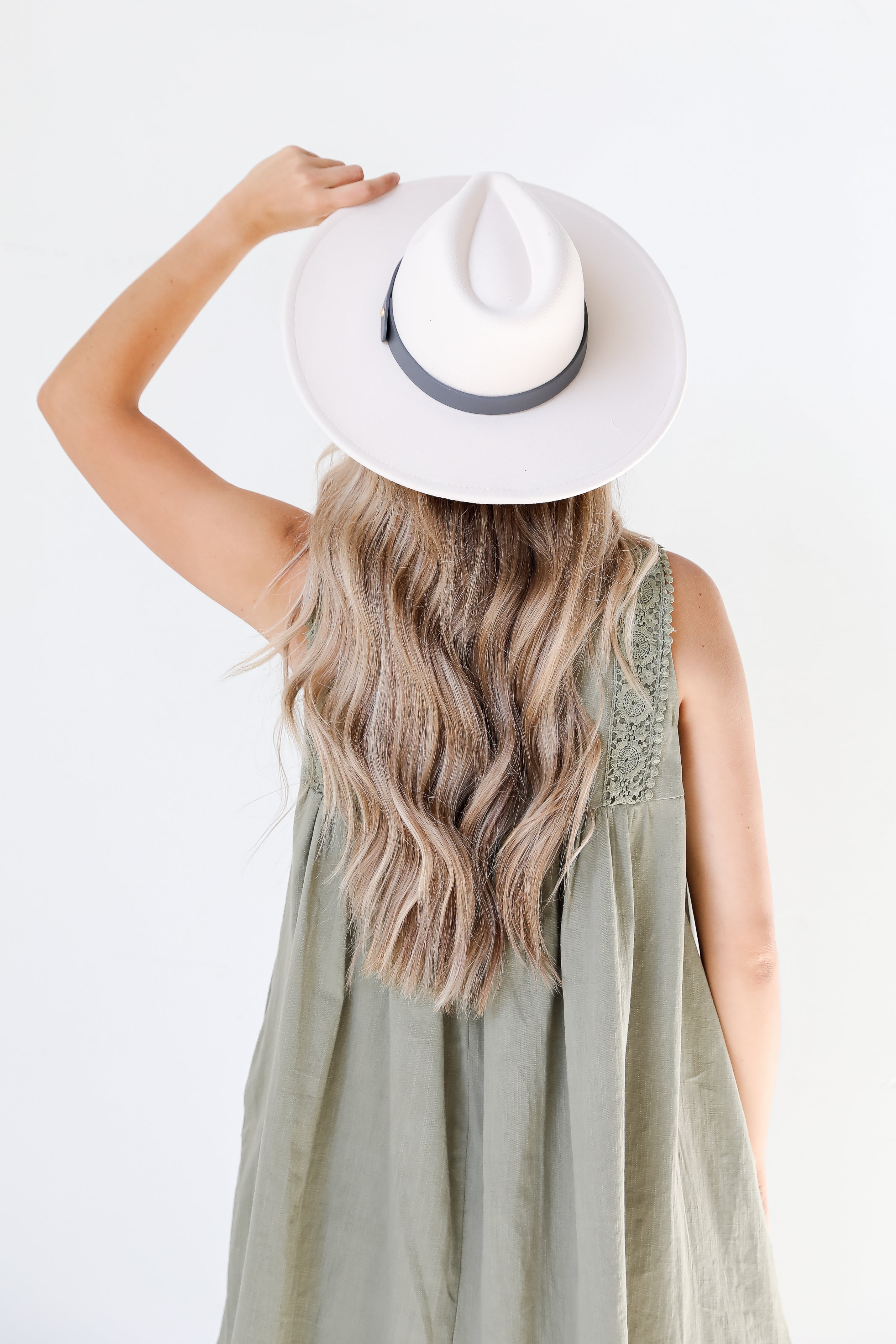 white Wide Brim Banded Felt Hat back view