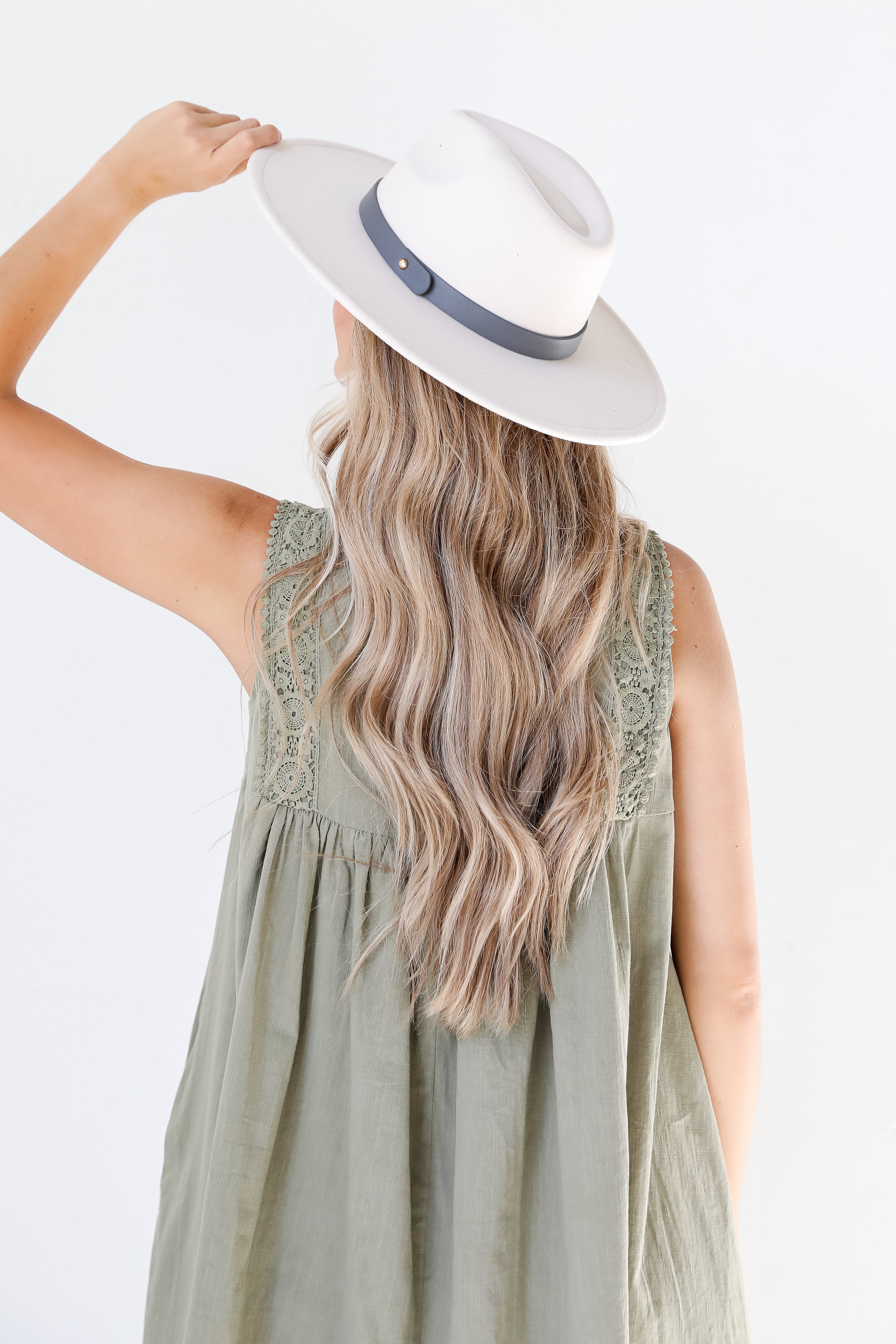 white Wide Brim Banded Felt Hat back view on model