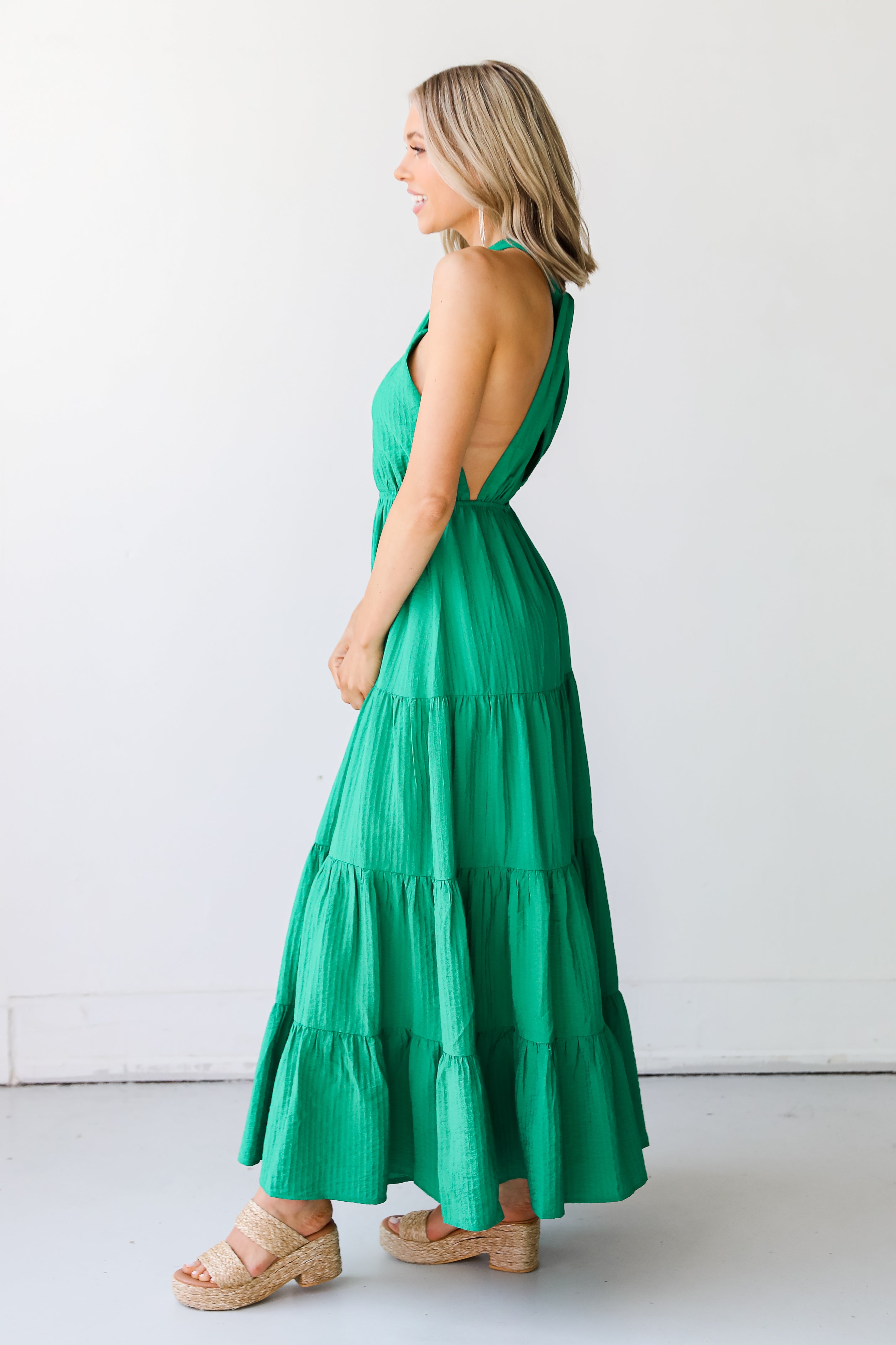 green Halter Maxi Dress side view