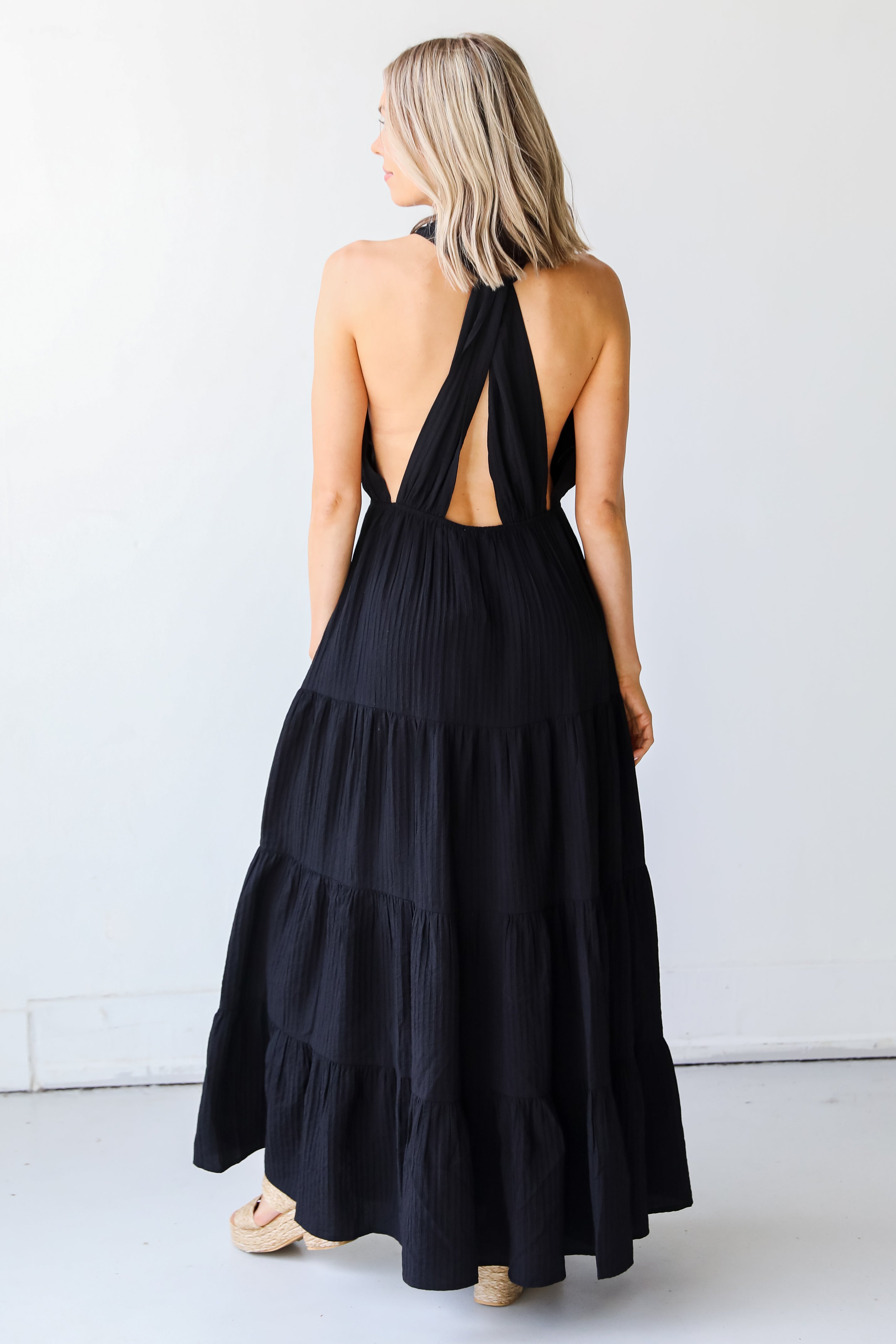 black Halter Maxi Dress back view
