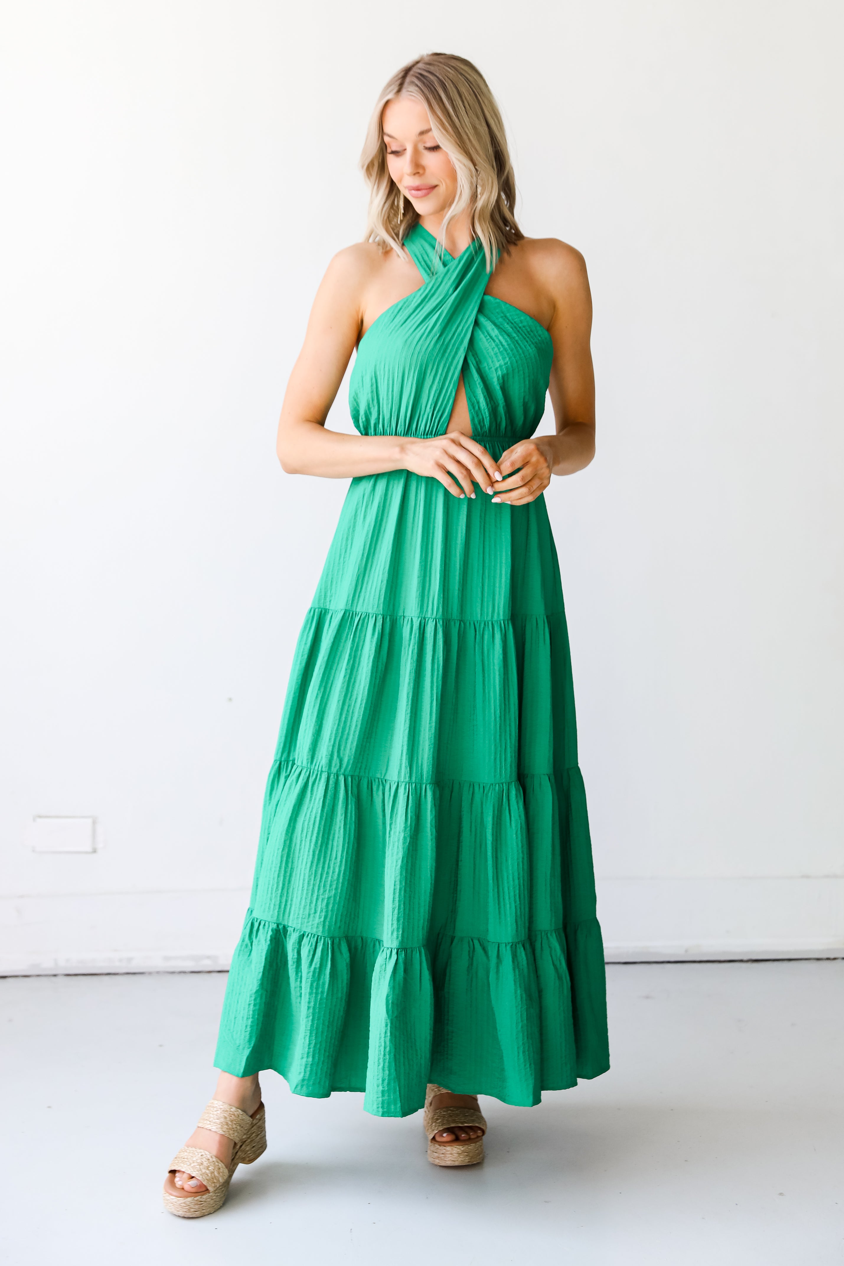 green Halter Maxi Dress on model