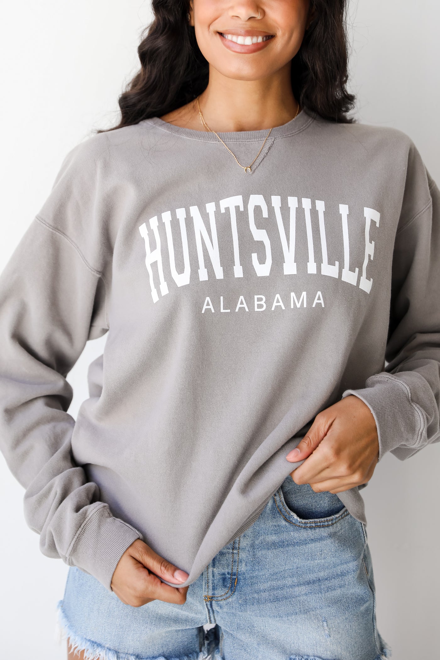 Charcoal Huntsville Alabama Block Letter Pullover on model