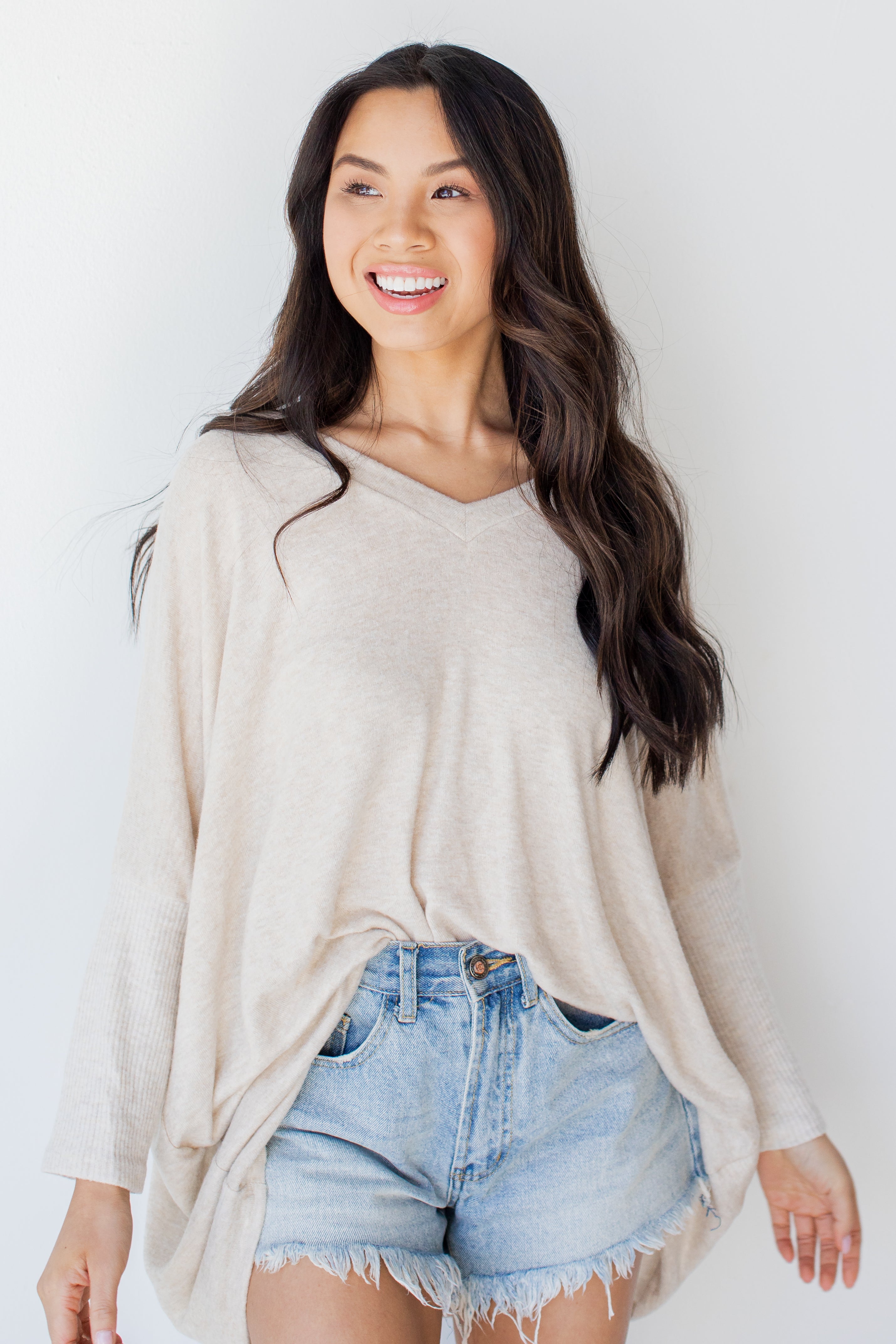 Brushed Knit Top in oatmeal front view