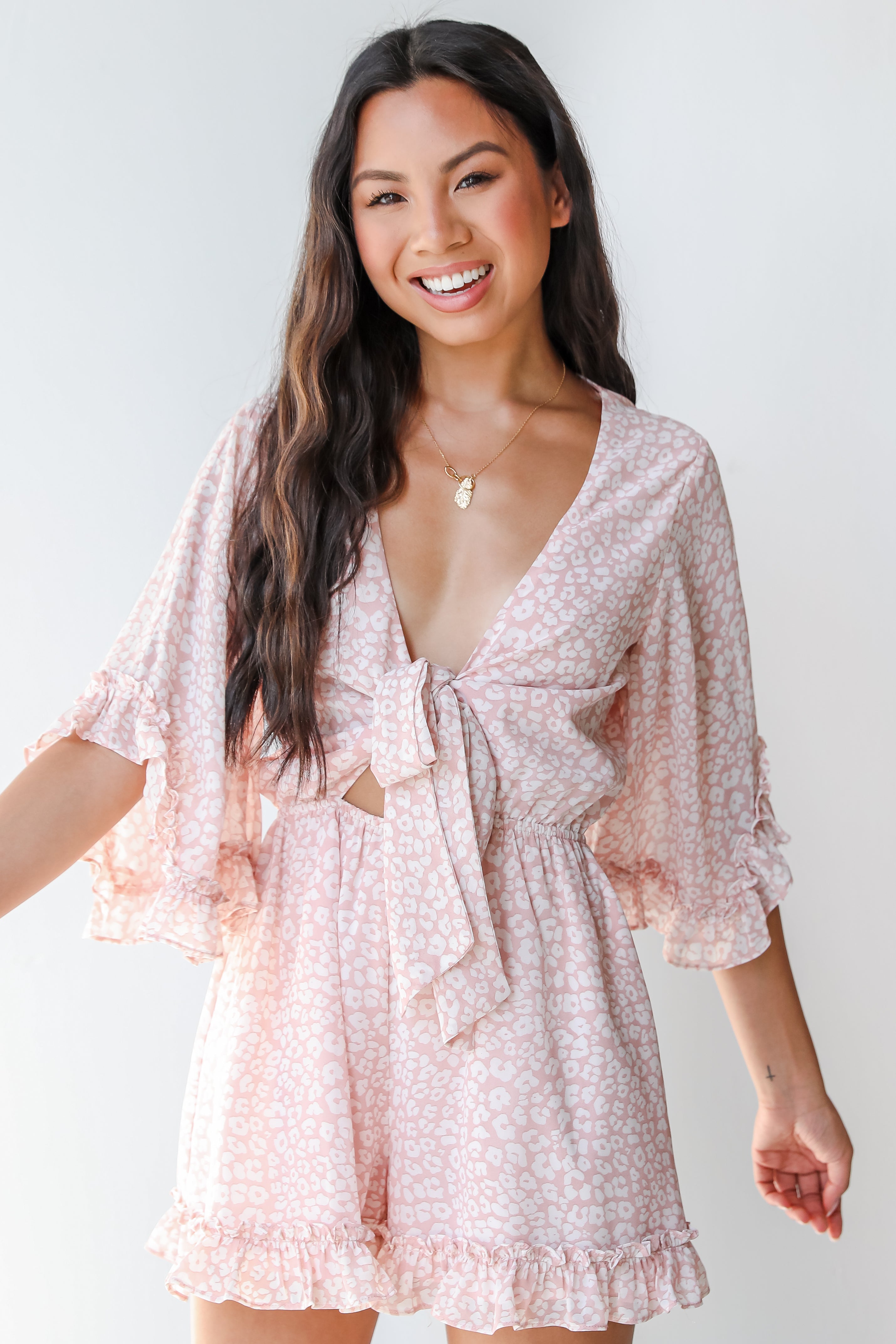 Leopard Romper in mauve on model