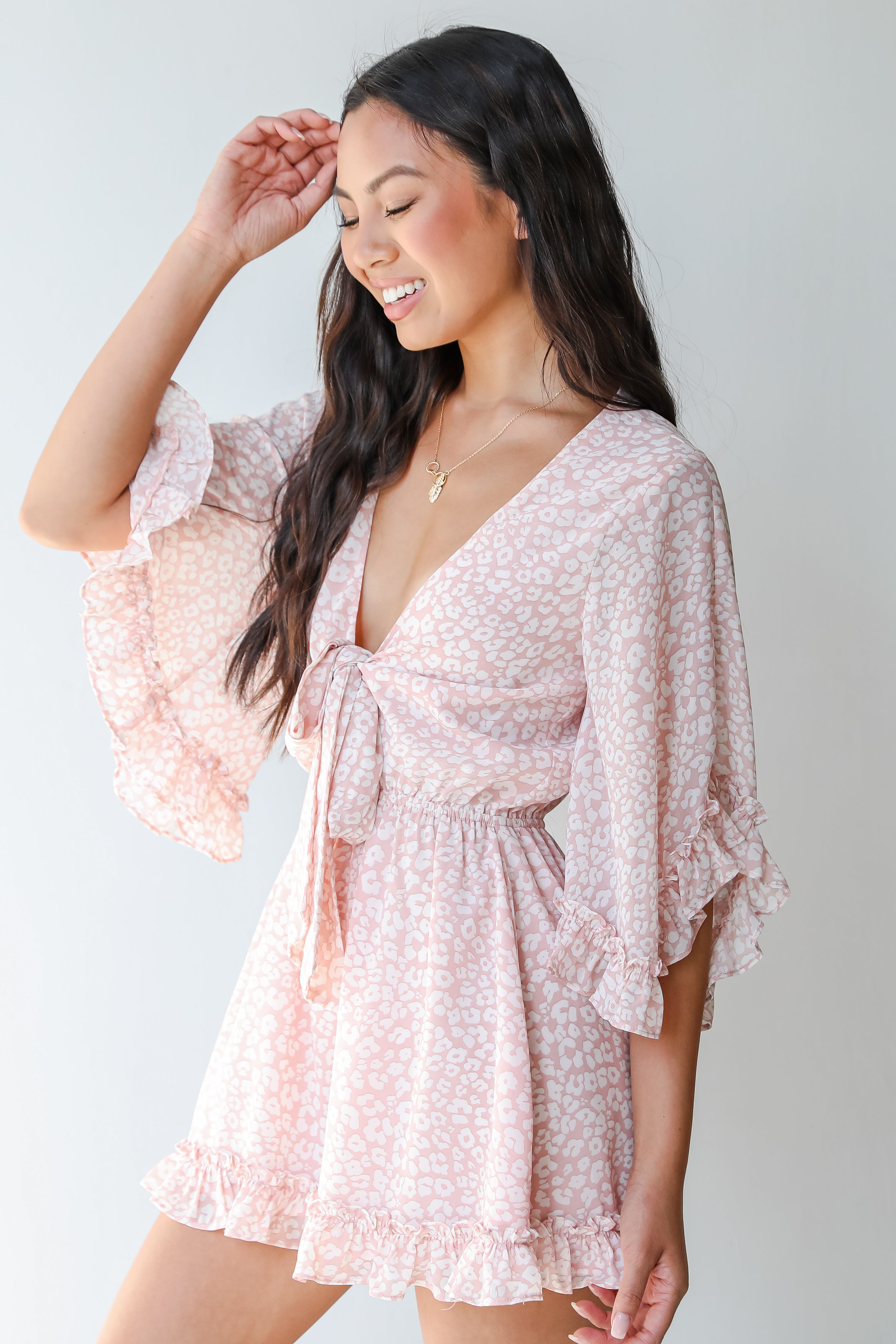 Leopard Romper in mauve side view