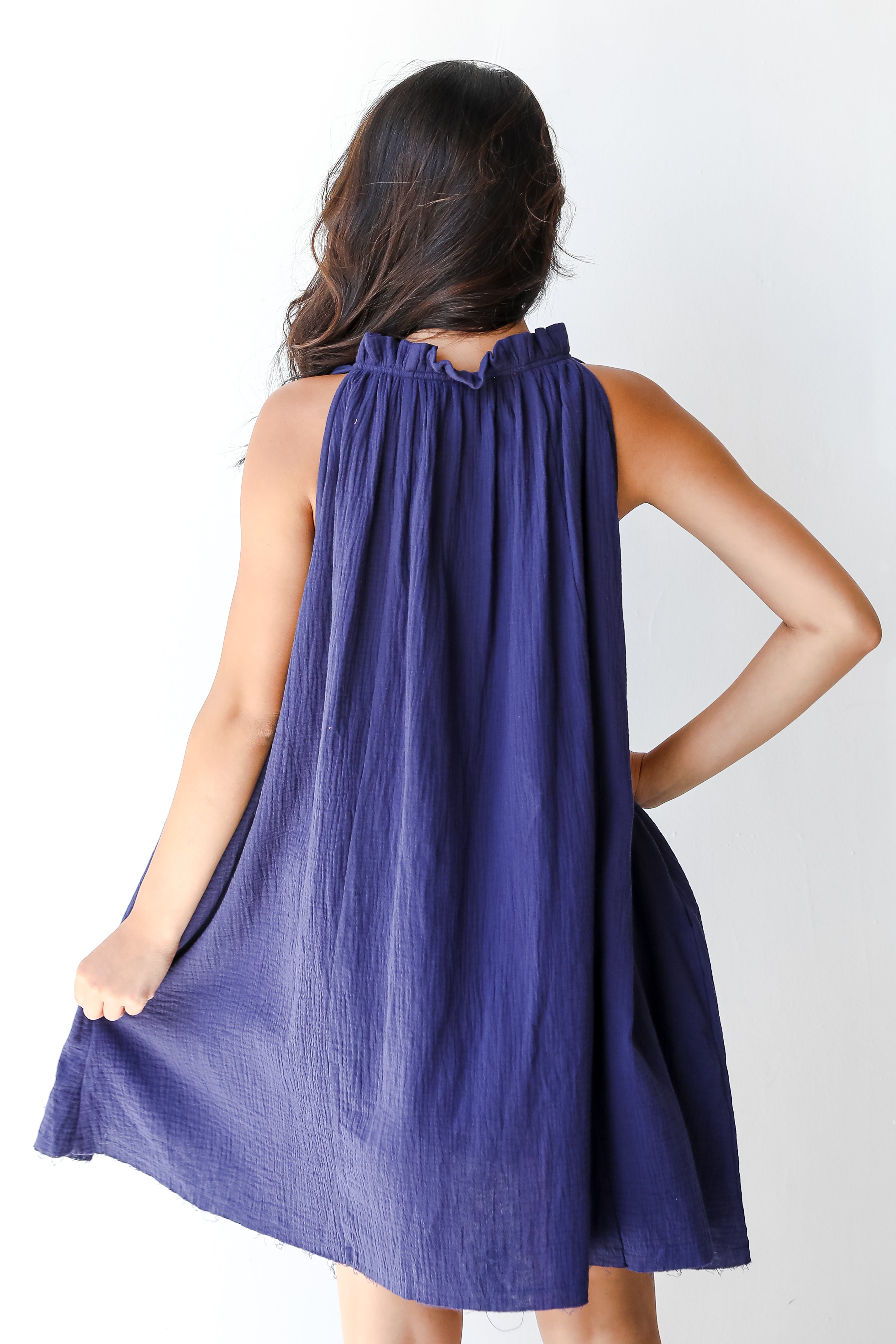 Linen Mini Dress in navy back view