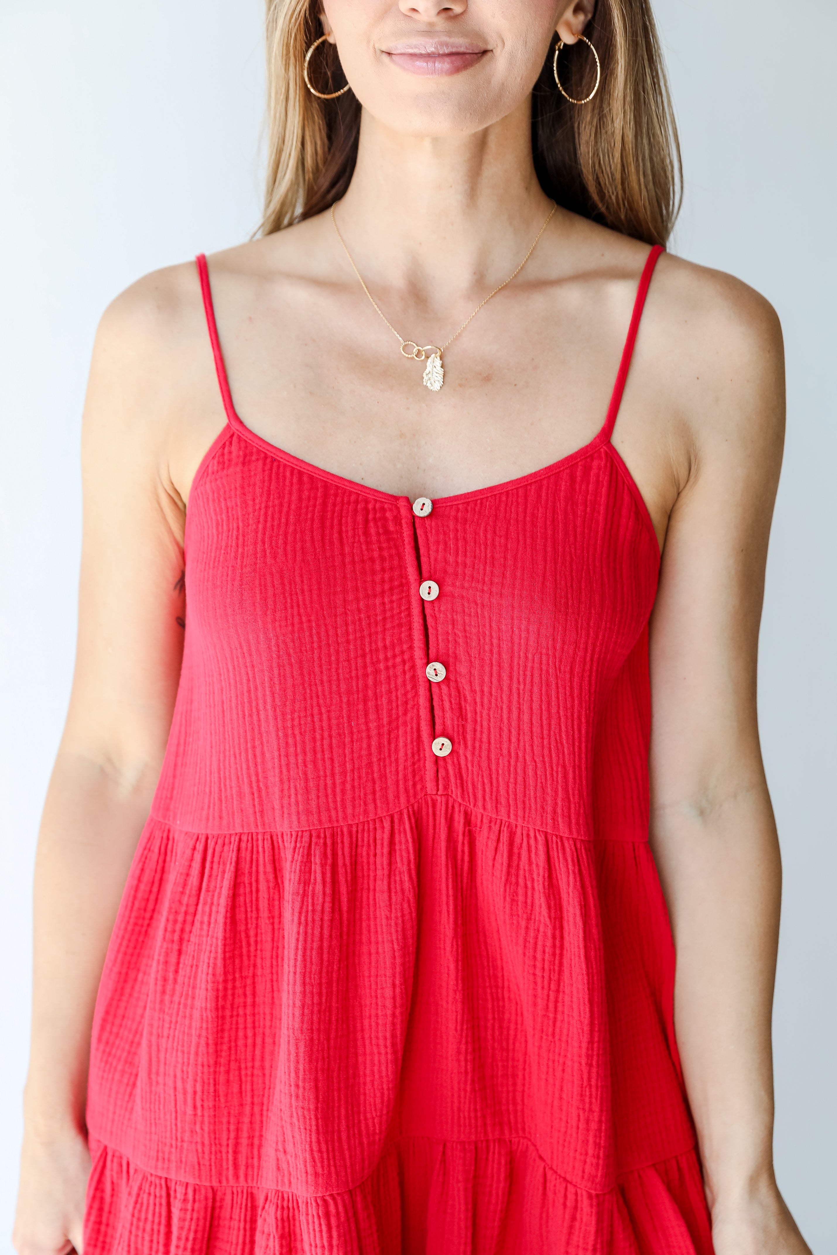 Tiered Linen Mini Dress in red on model
