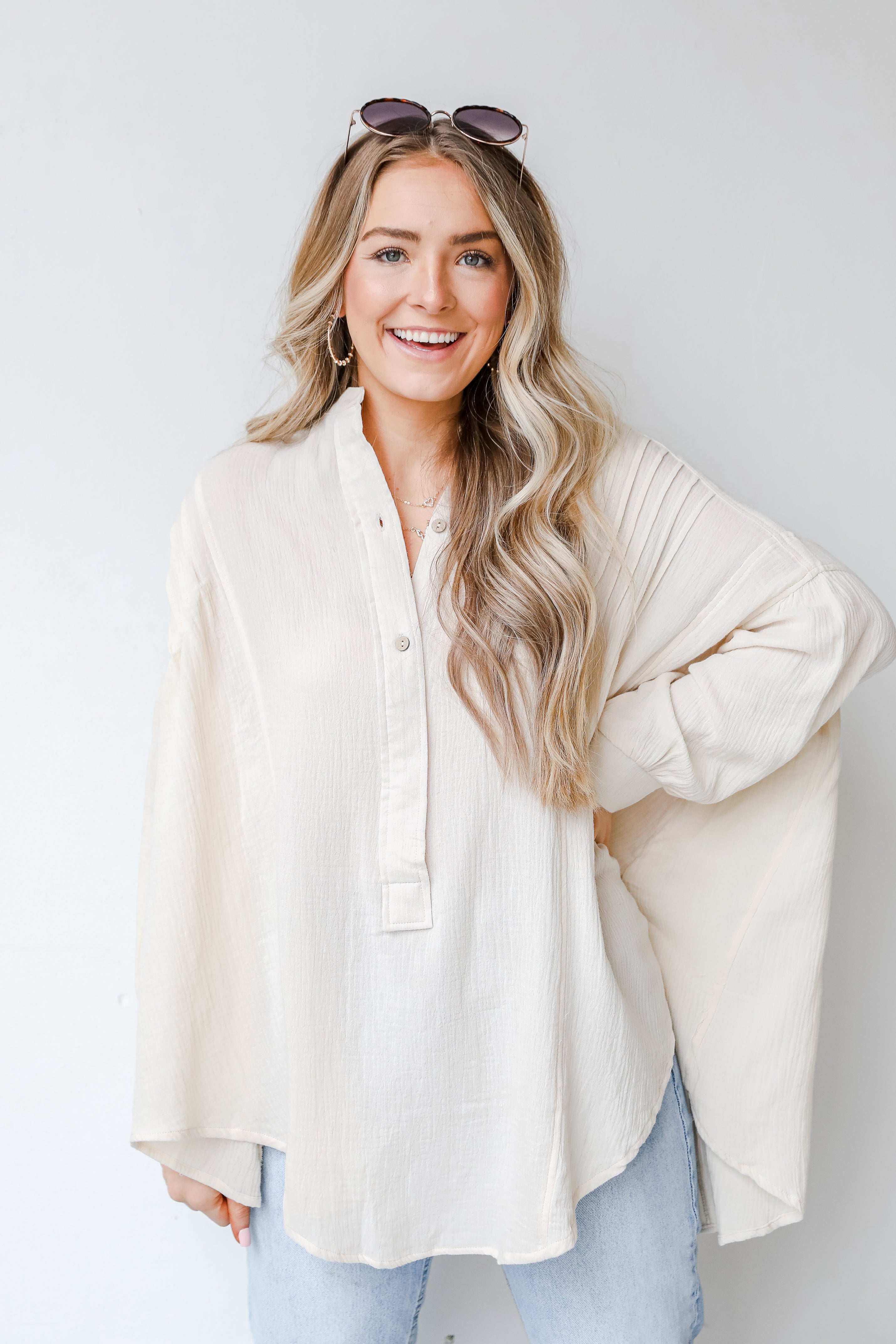 Oversized Linen Tunic in ivory on model