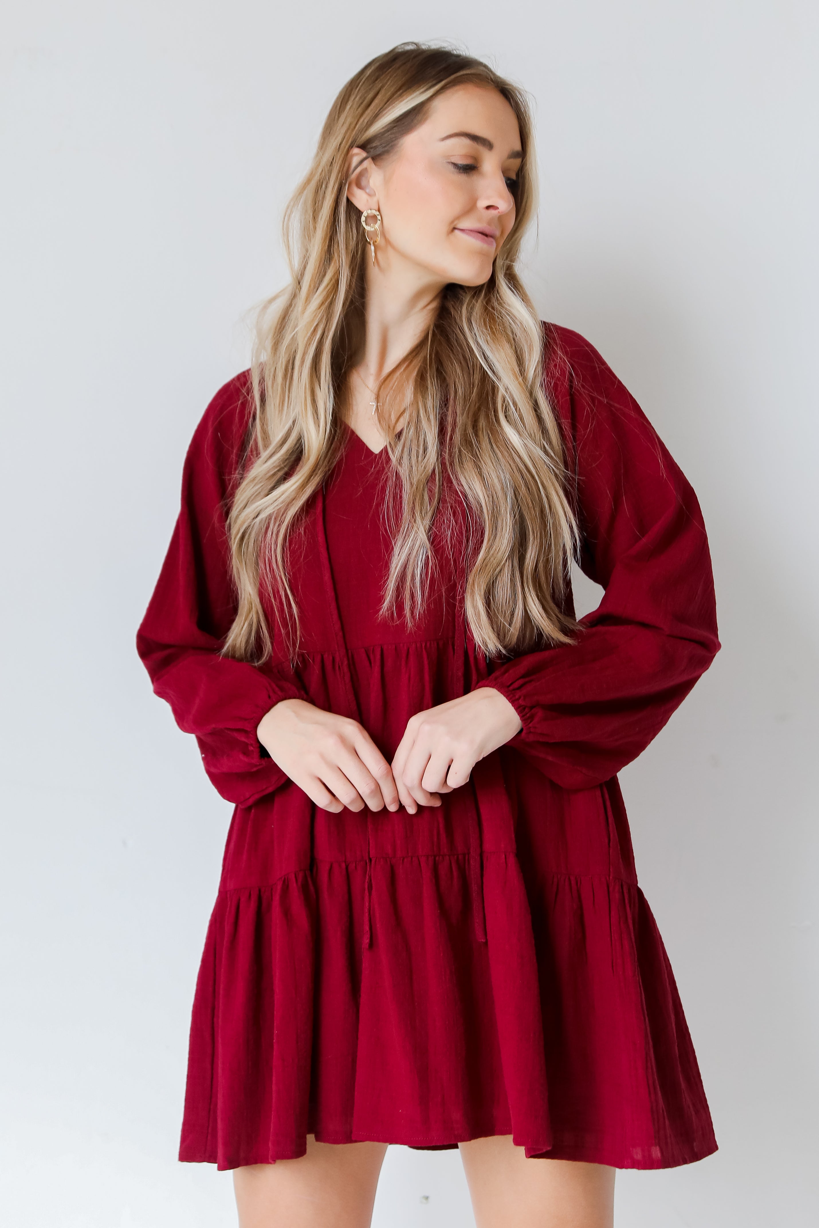 red Tiered Mini Dress on model