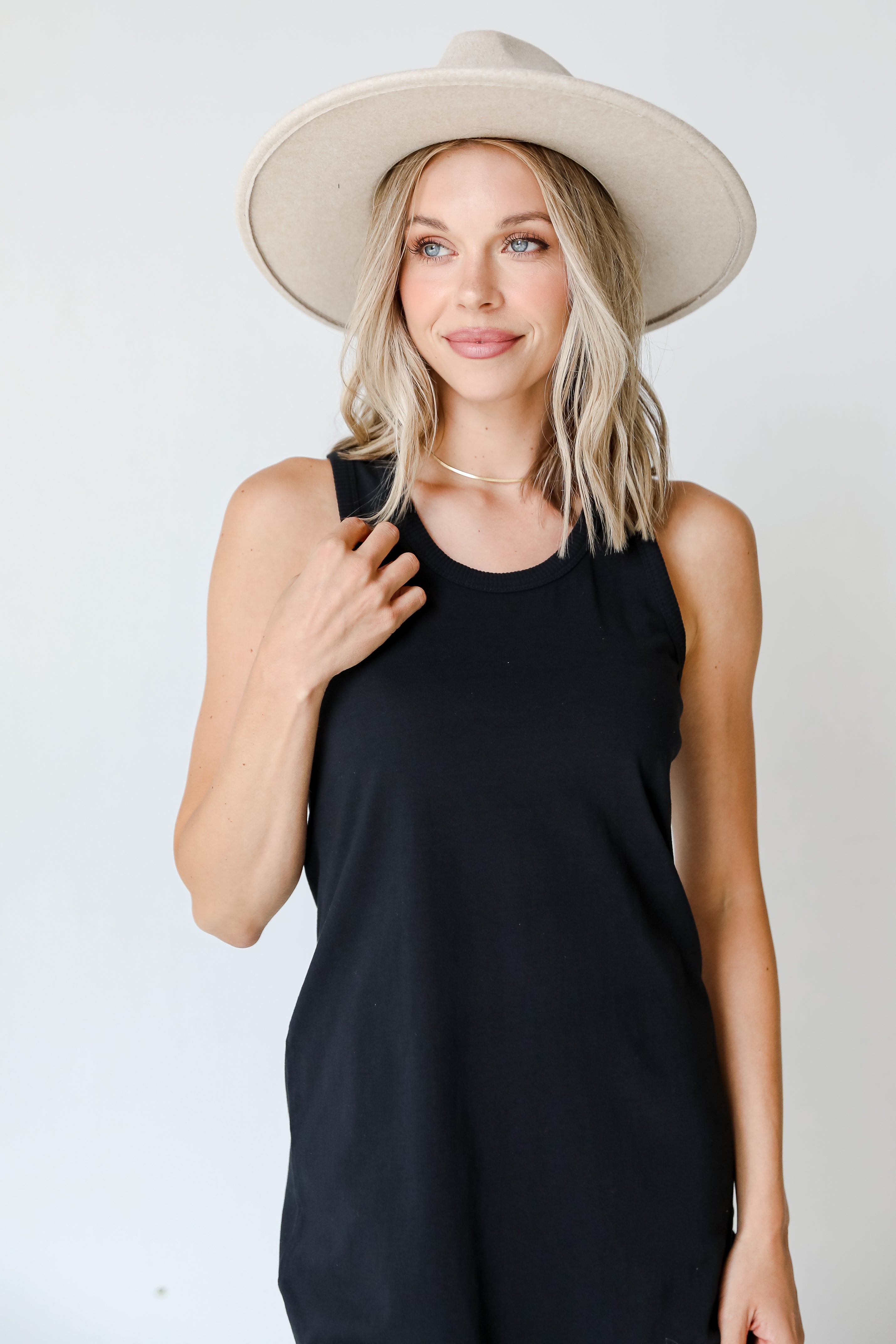 black midi dress on model