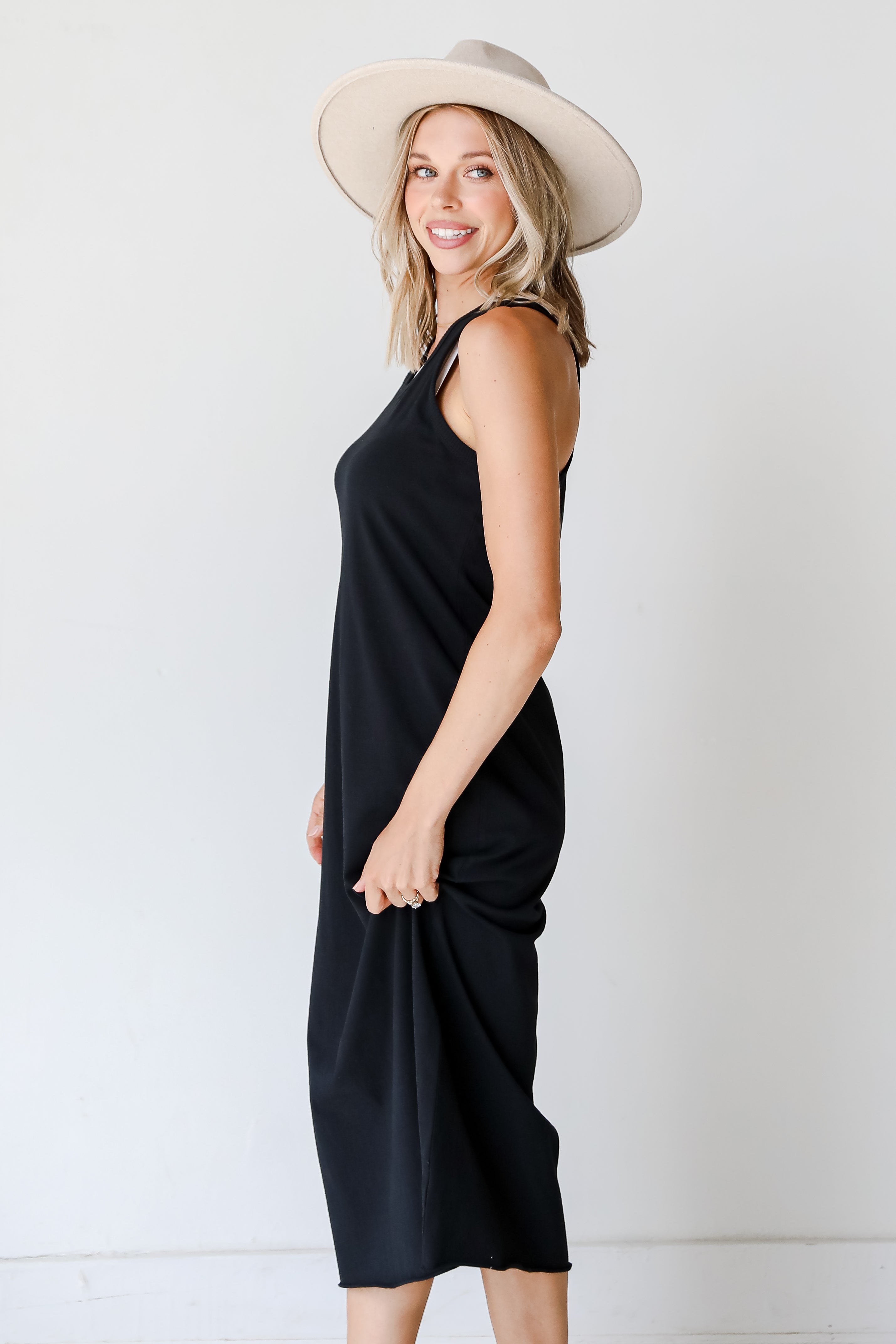 black midi dress side view