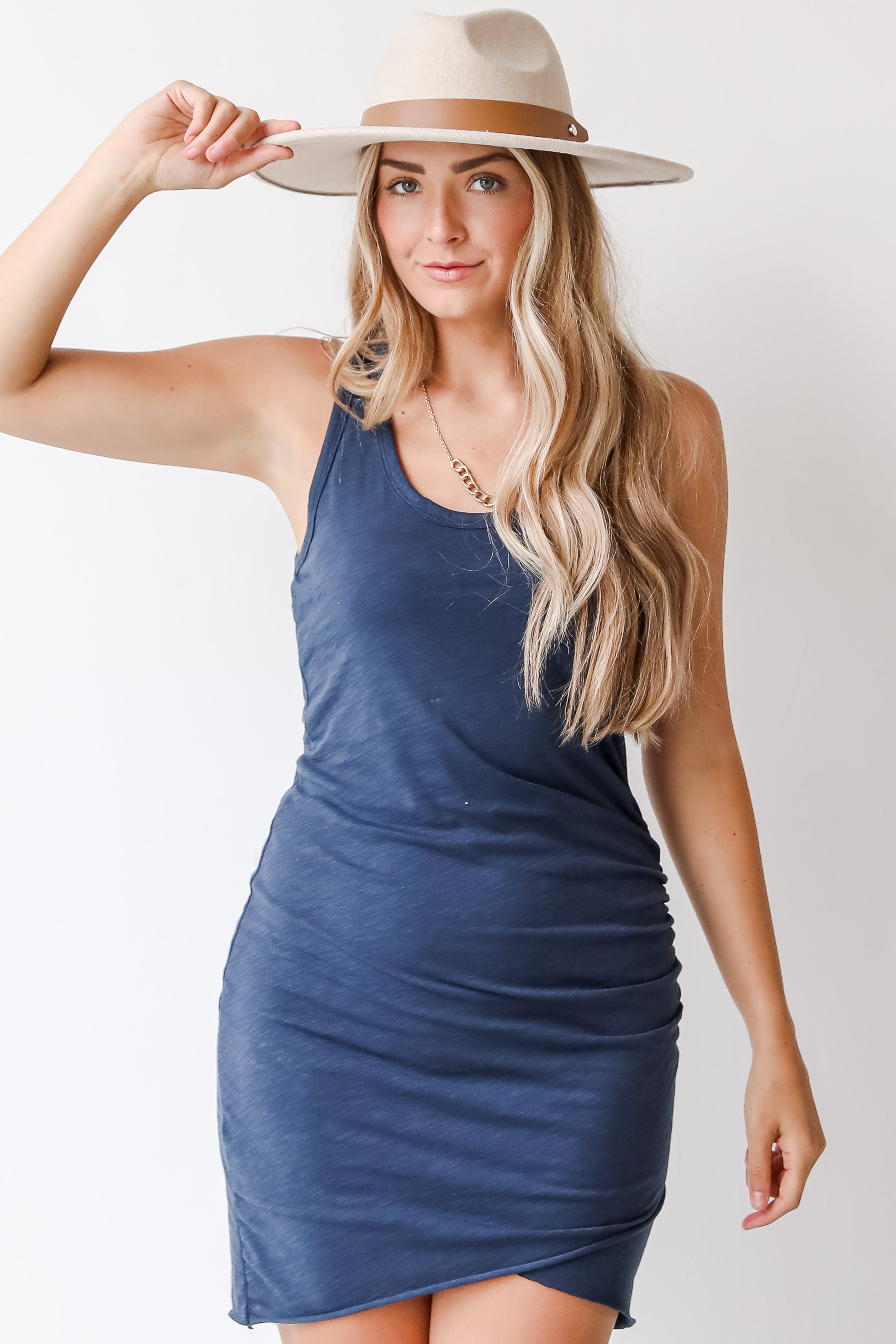 navy bodycon dress on model