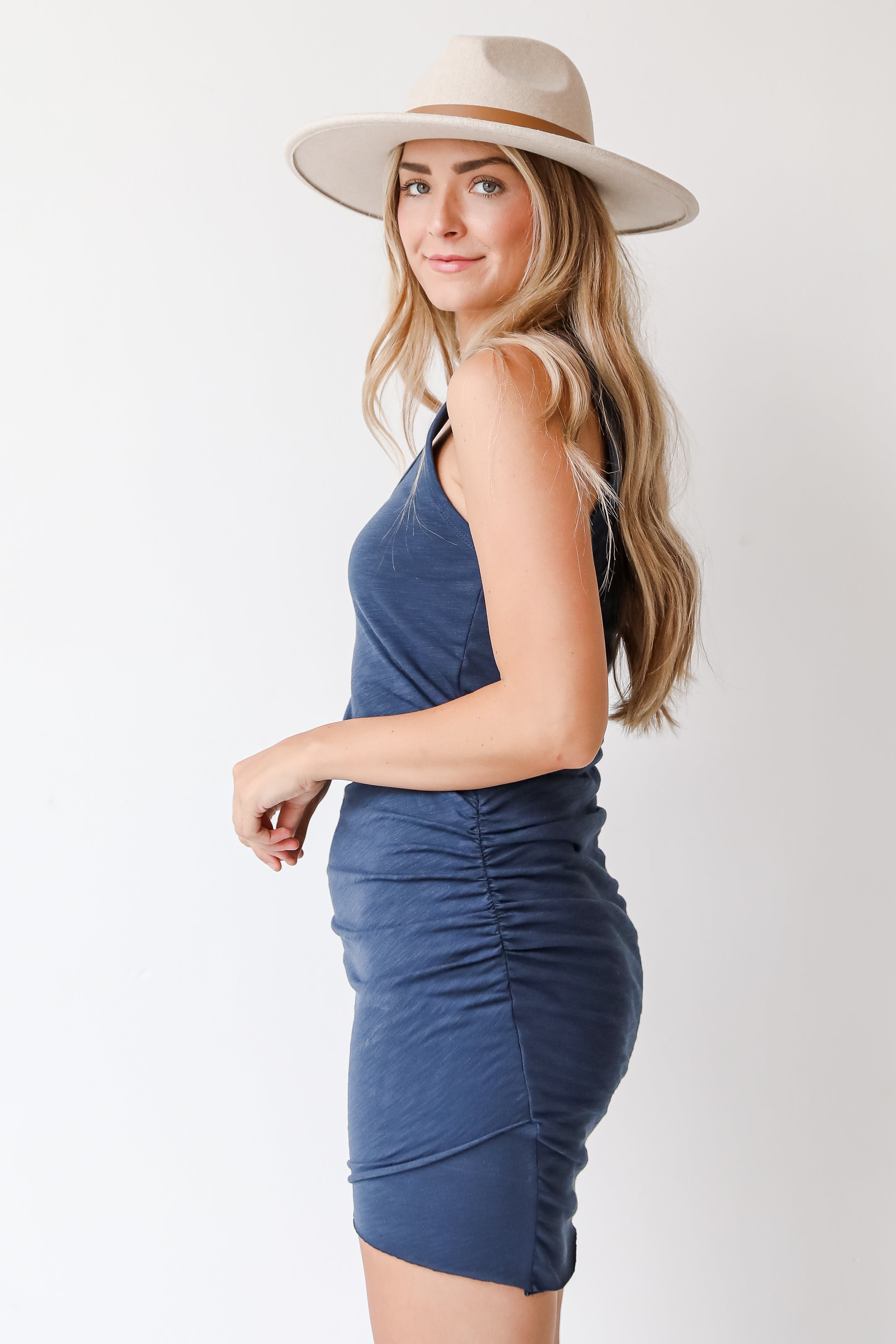 navy bodycon dress side view