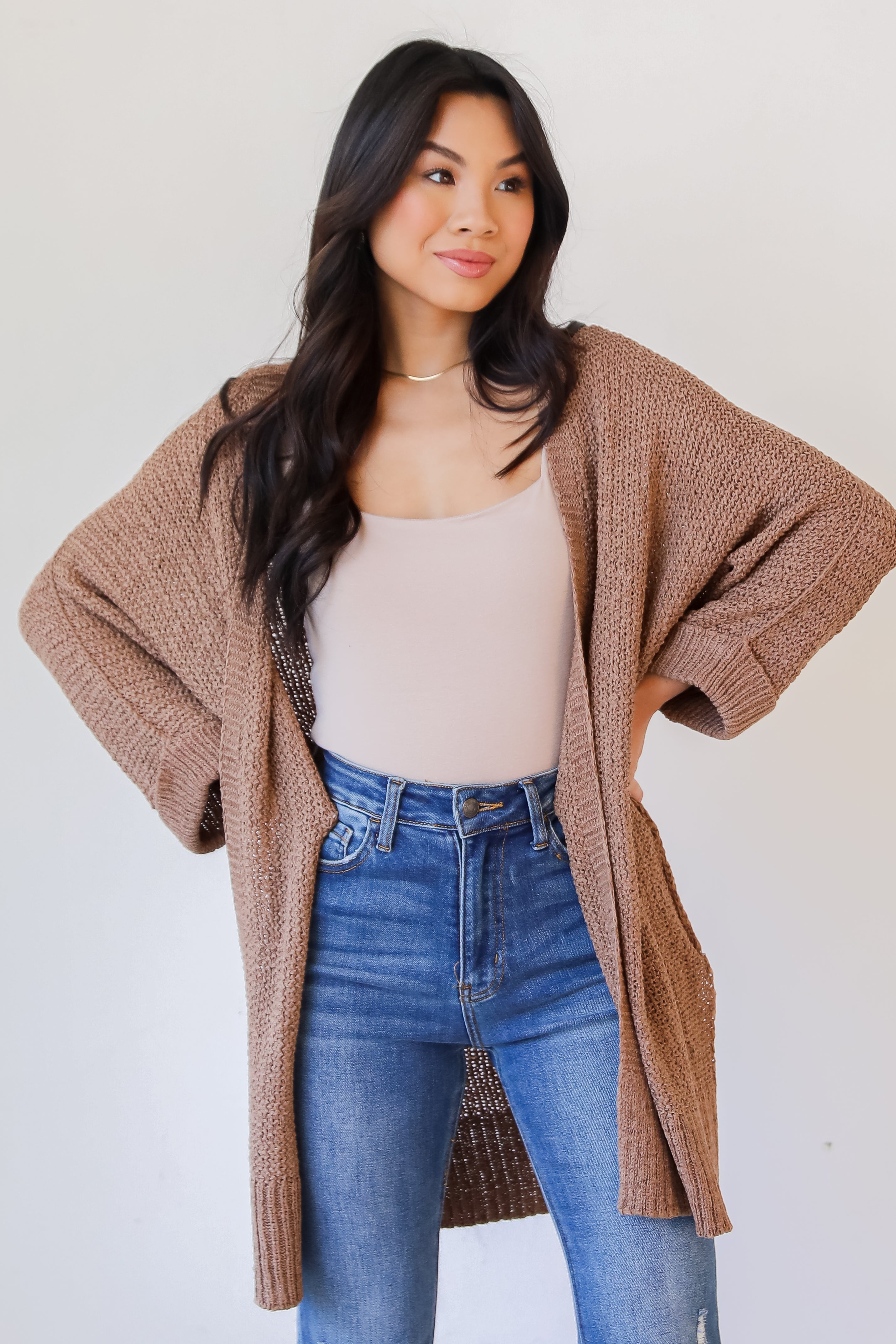 mocha Cardigan on model