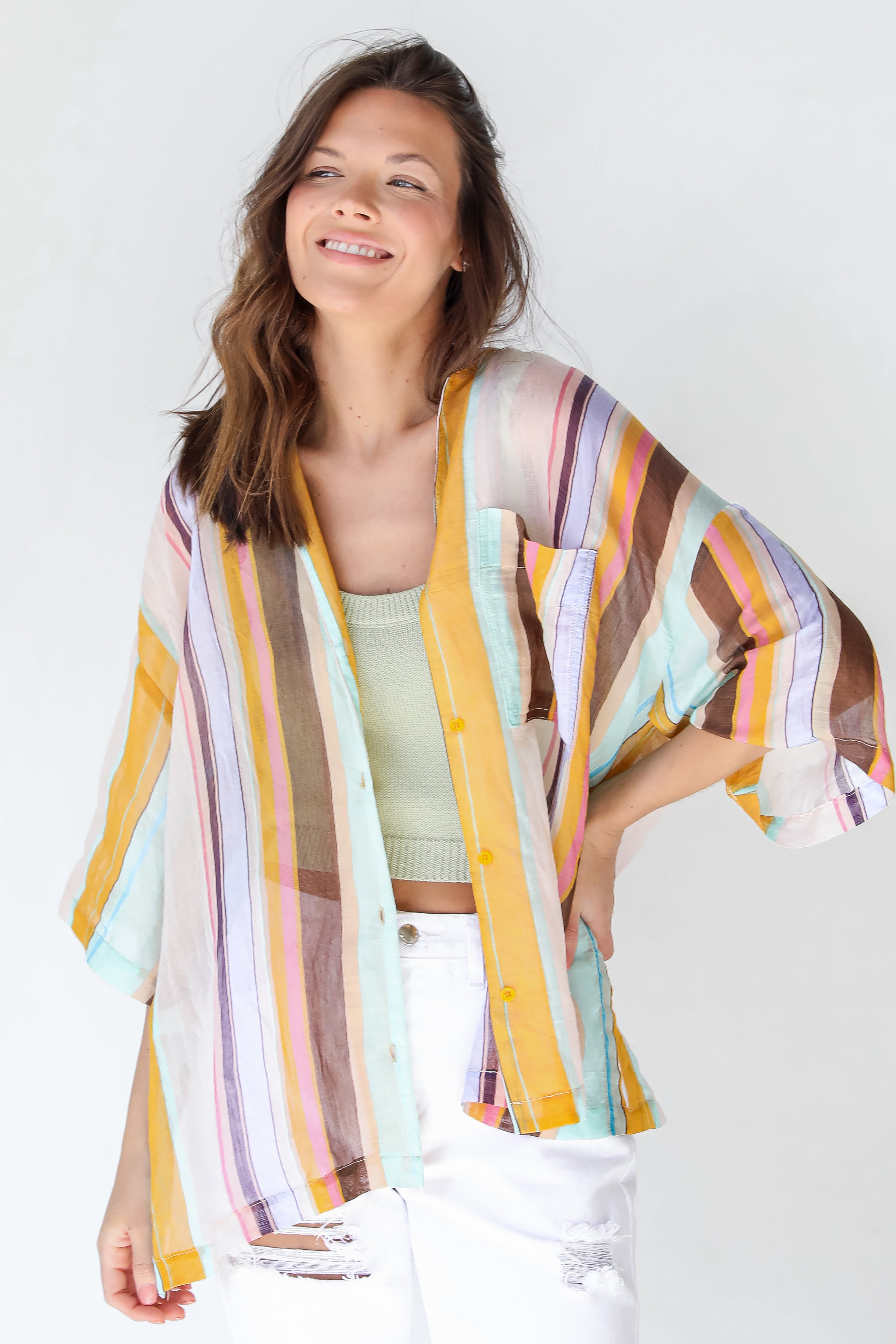 Striped Button-Up Blouse in mustard front view