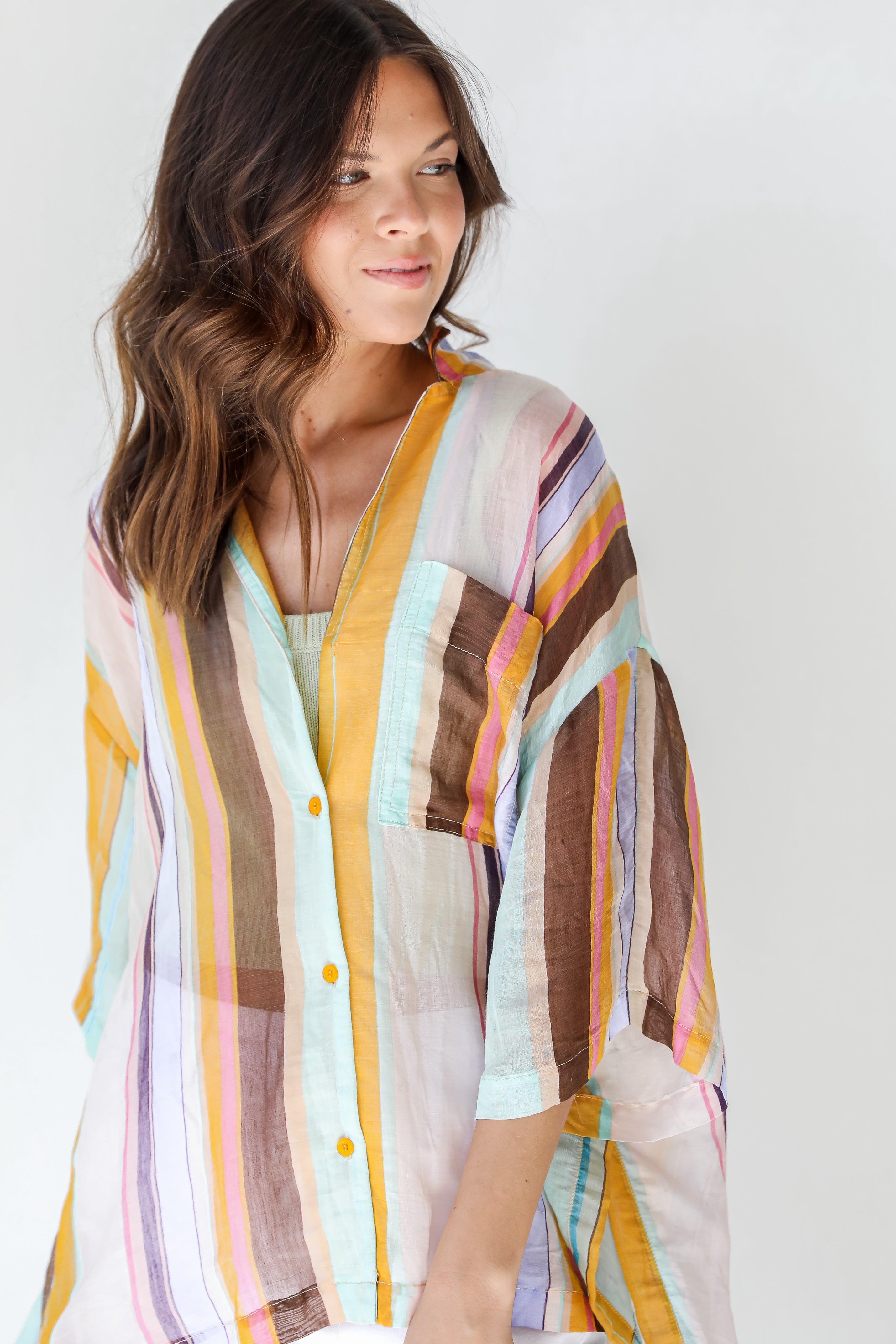 Striped Button-Up Blouse in mustard