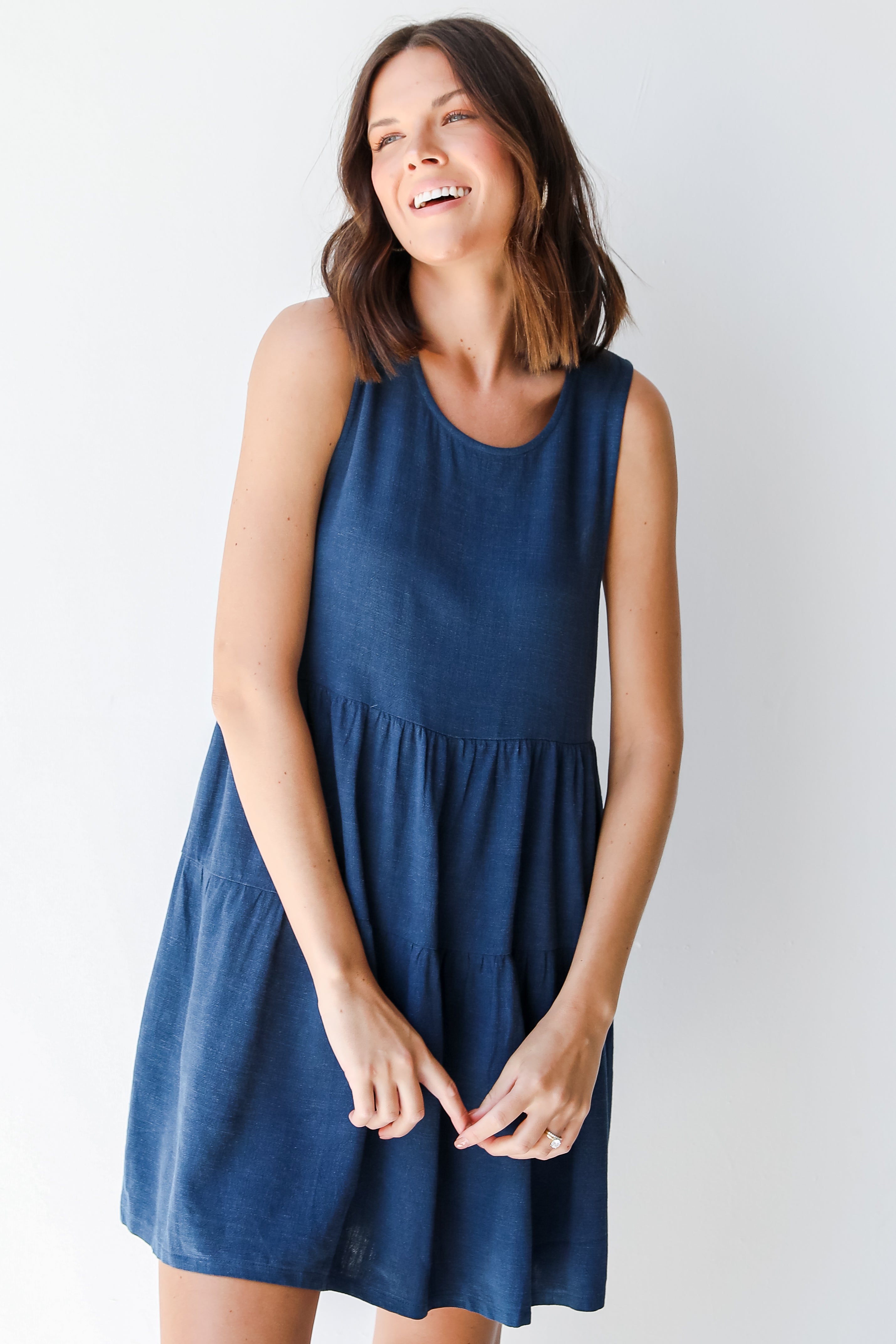 Linen Tiered Mini Dress in navy