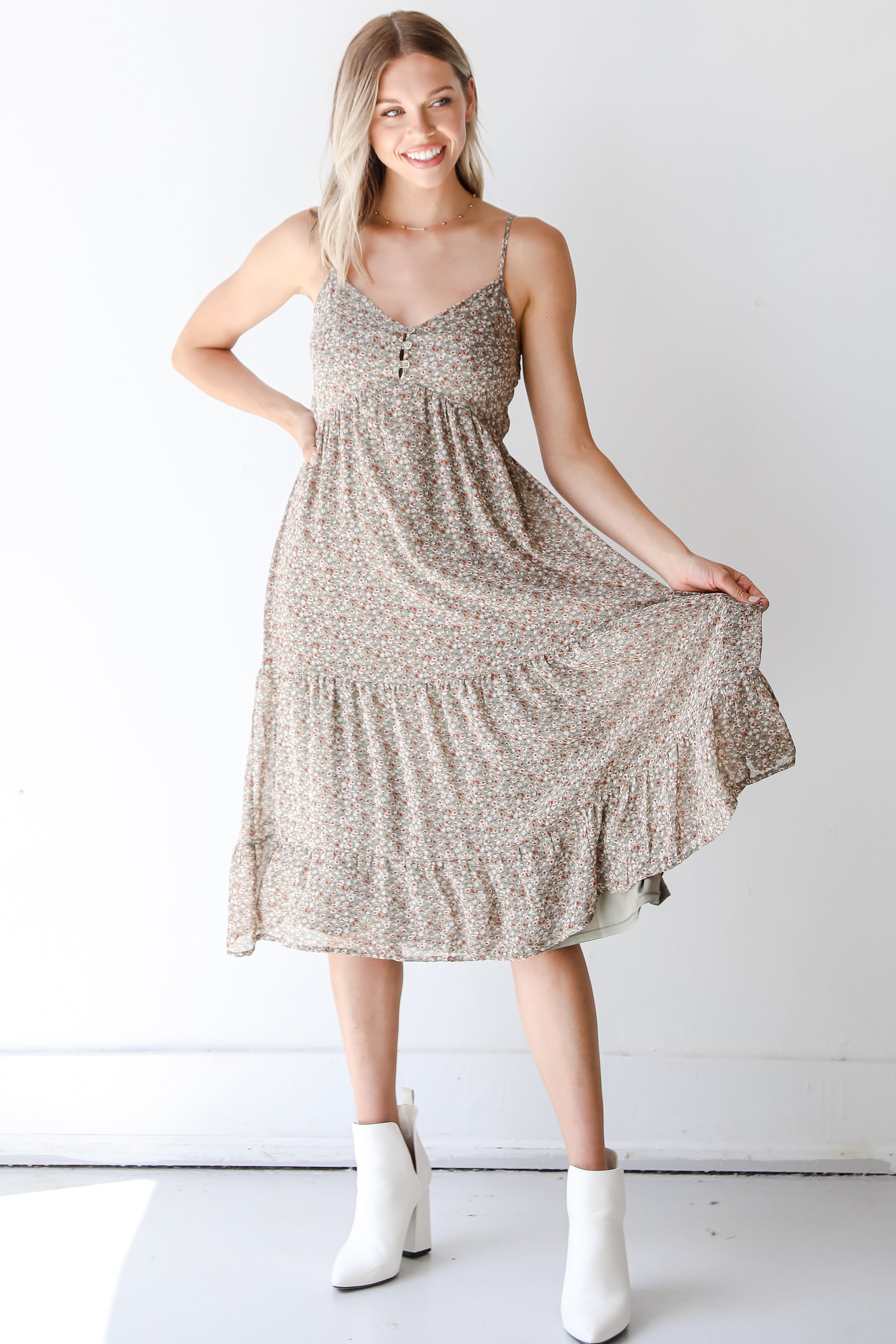 green floral midi dress front view