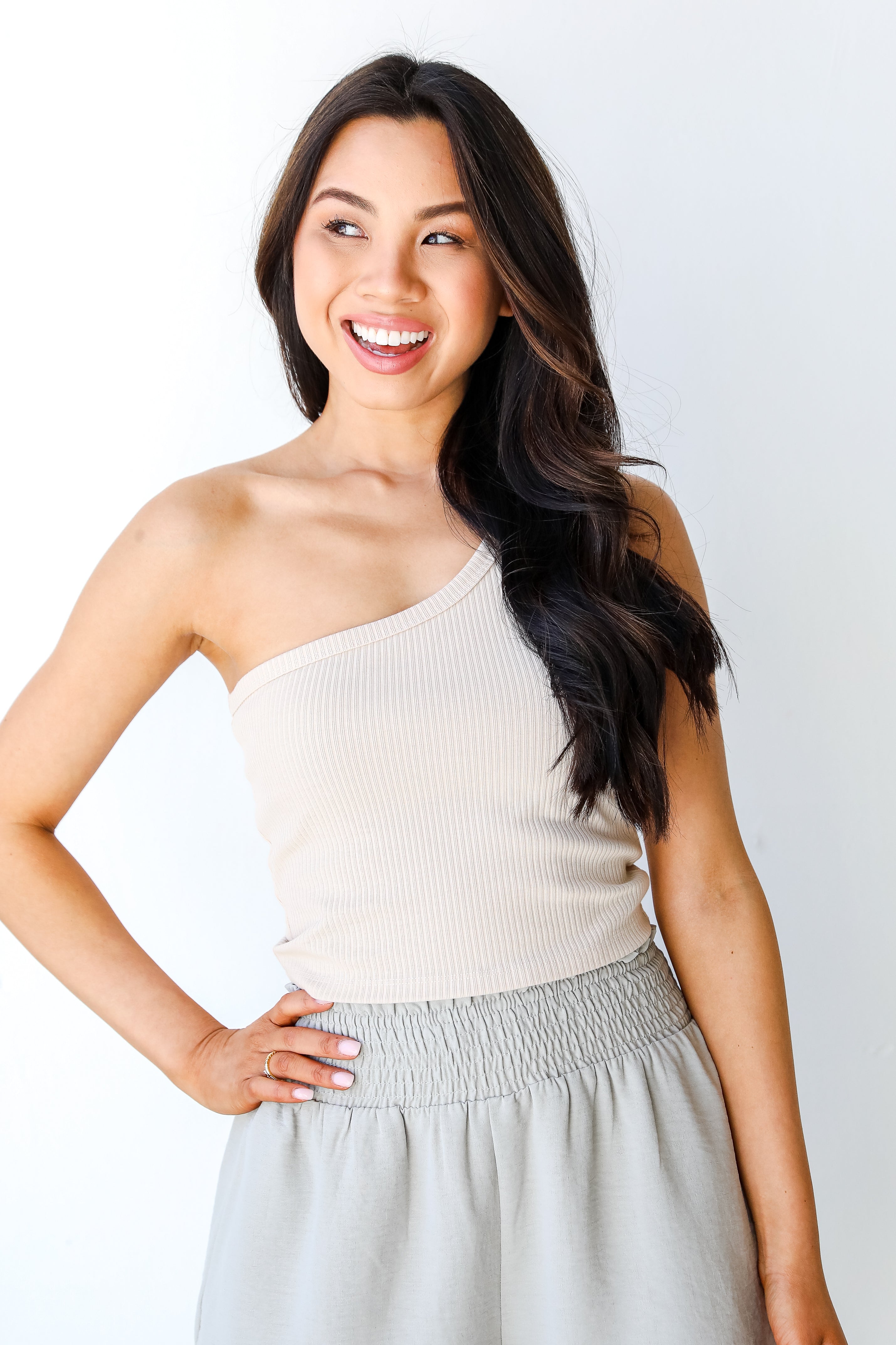 One-Shoulder Cropped Tank in khaki front view