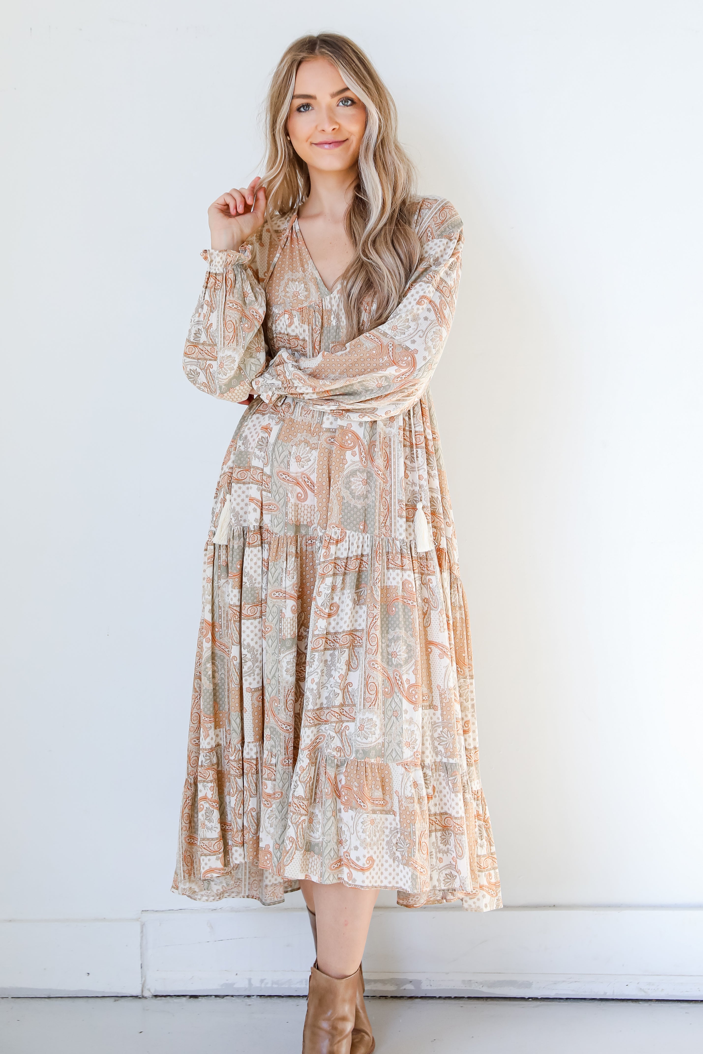 Paisley Maxi Dress in rust front view