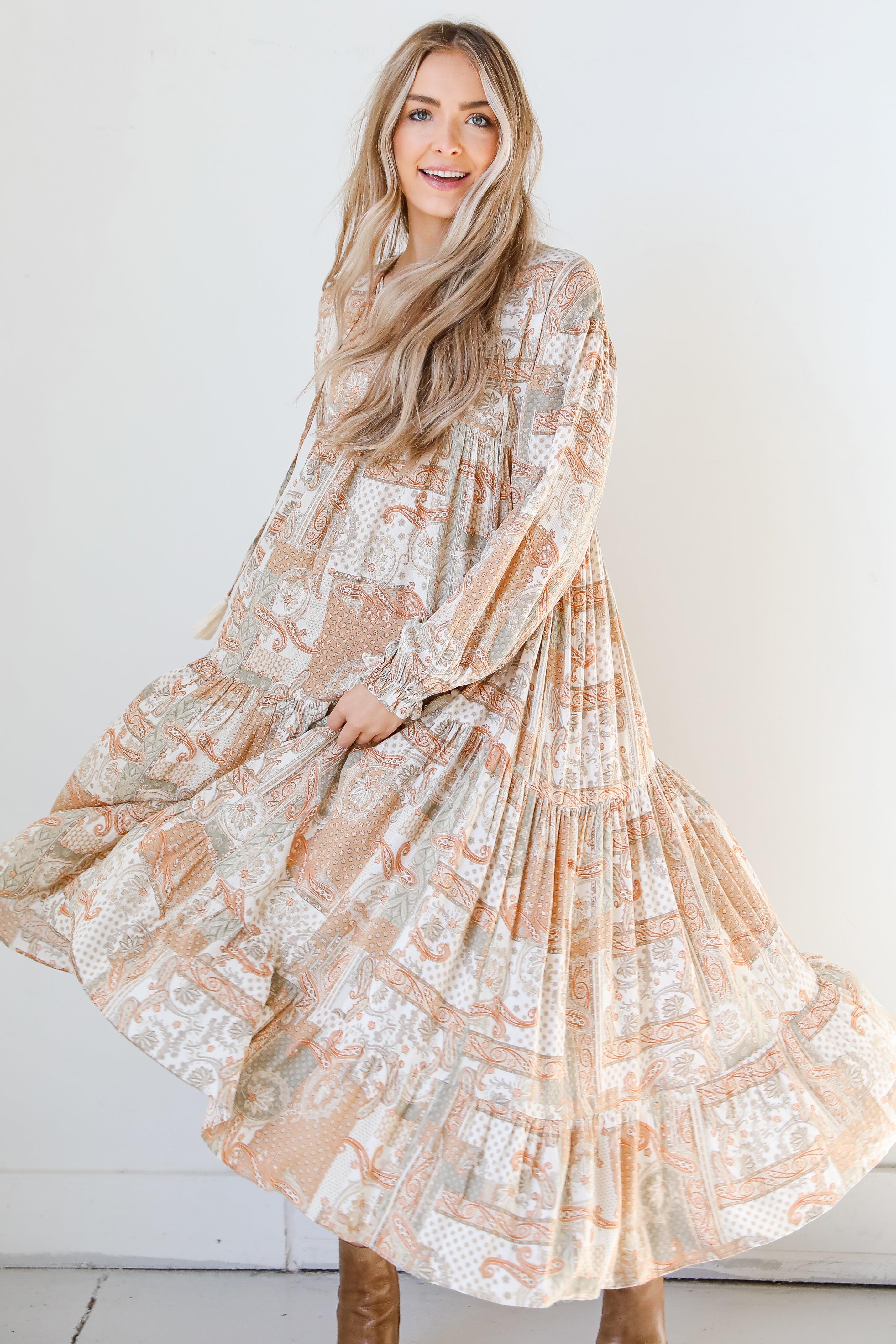 rust Paisley Maxi Dress on dress up model