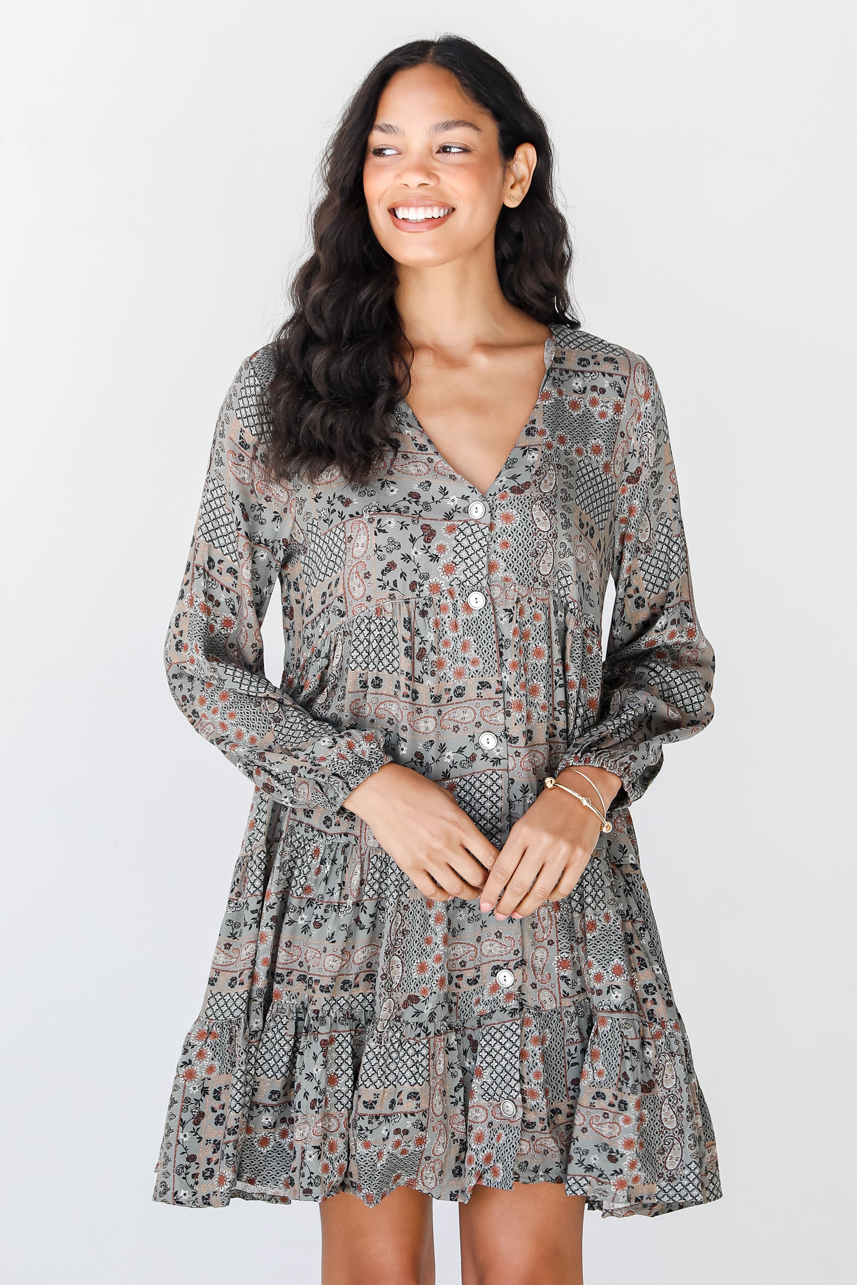 olive Paisley Mini Dress on model