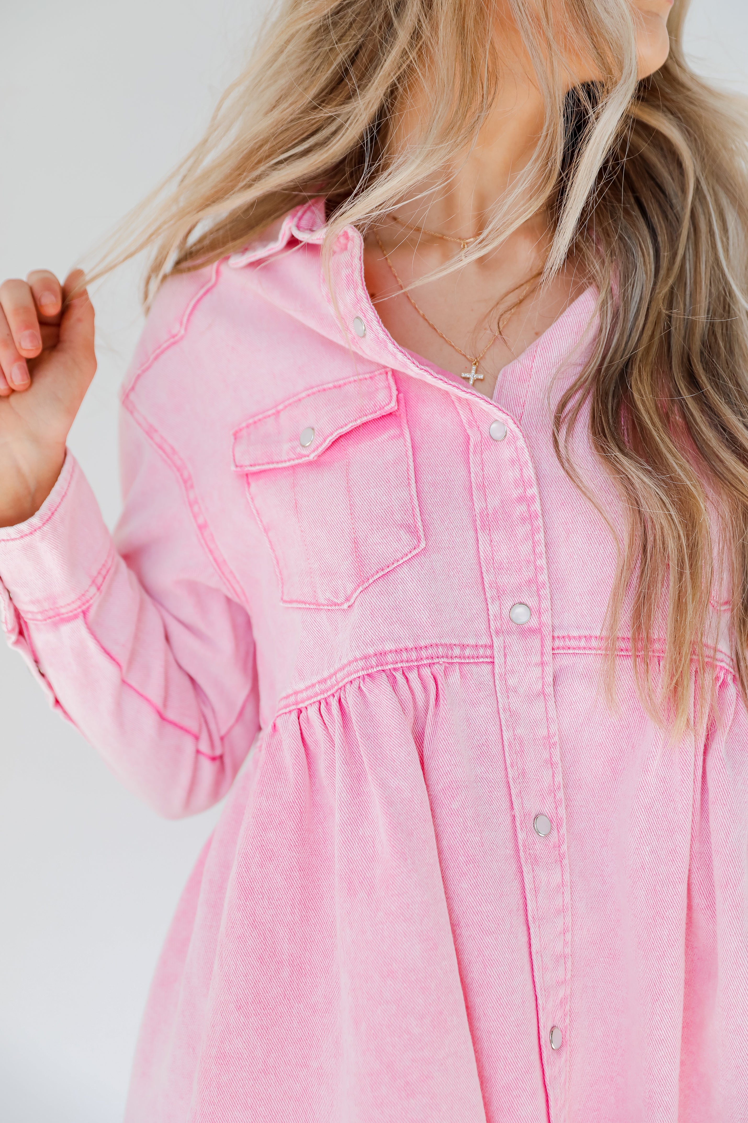 Peplum Denim Jacket in pink close up