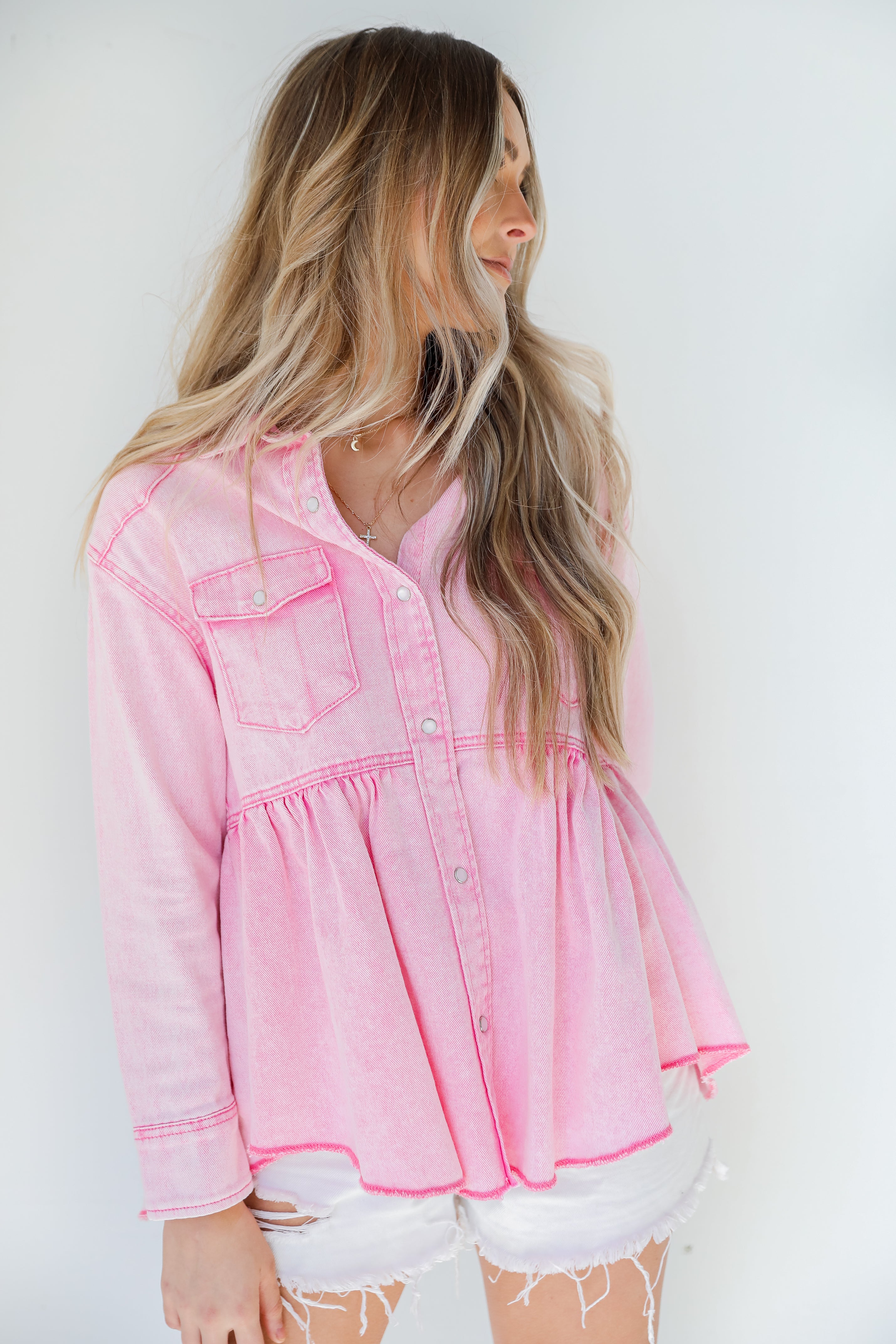 Peplum Denim Jacket in pink front view